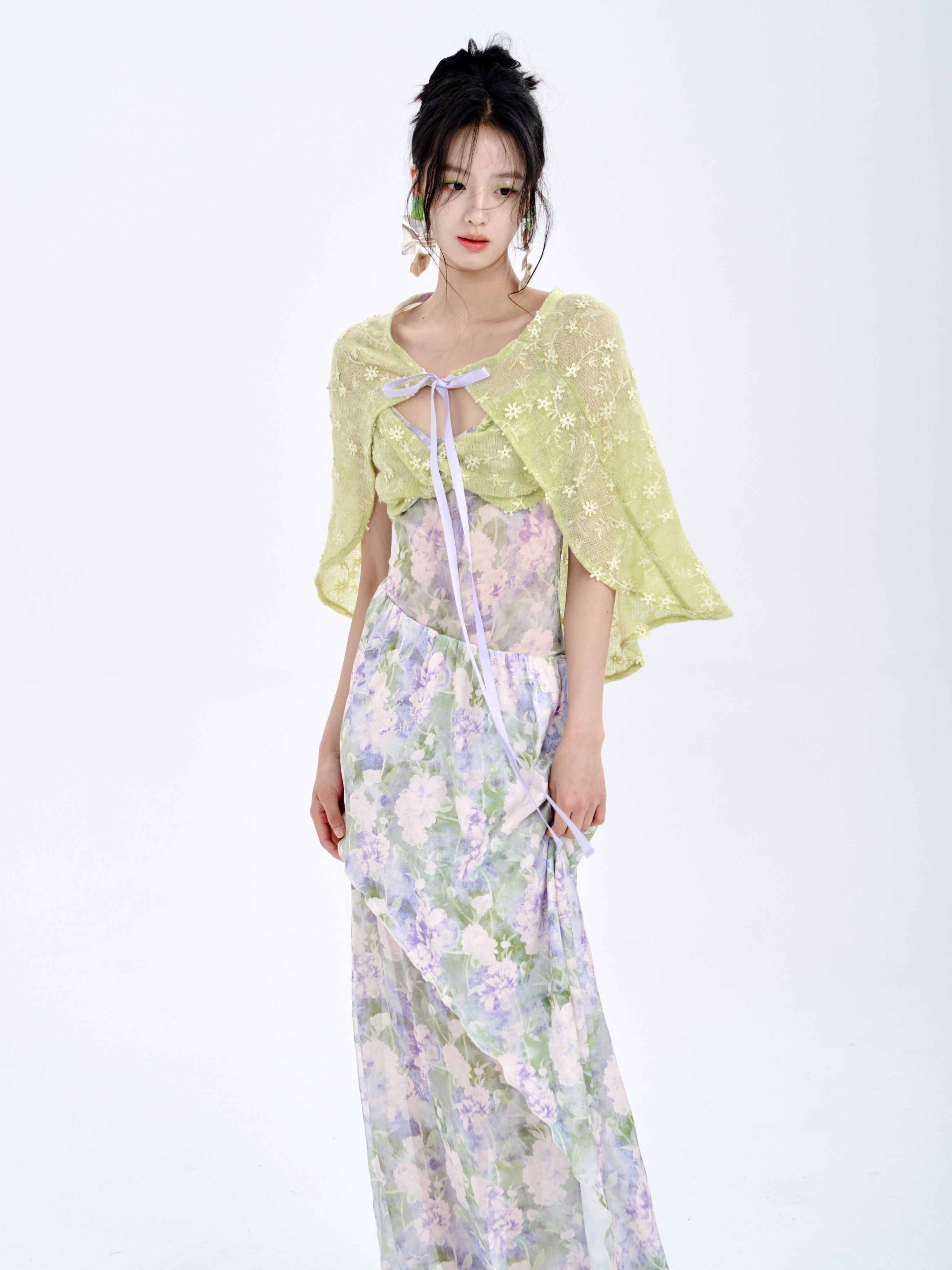 Stitching Tube Top Suspender Floral Dress & Wrap Skirt