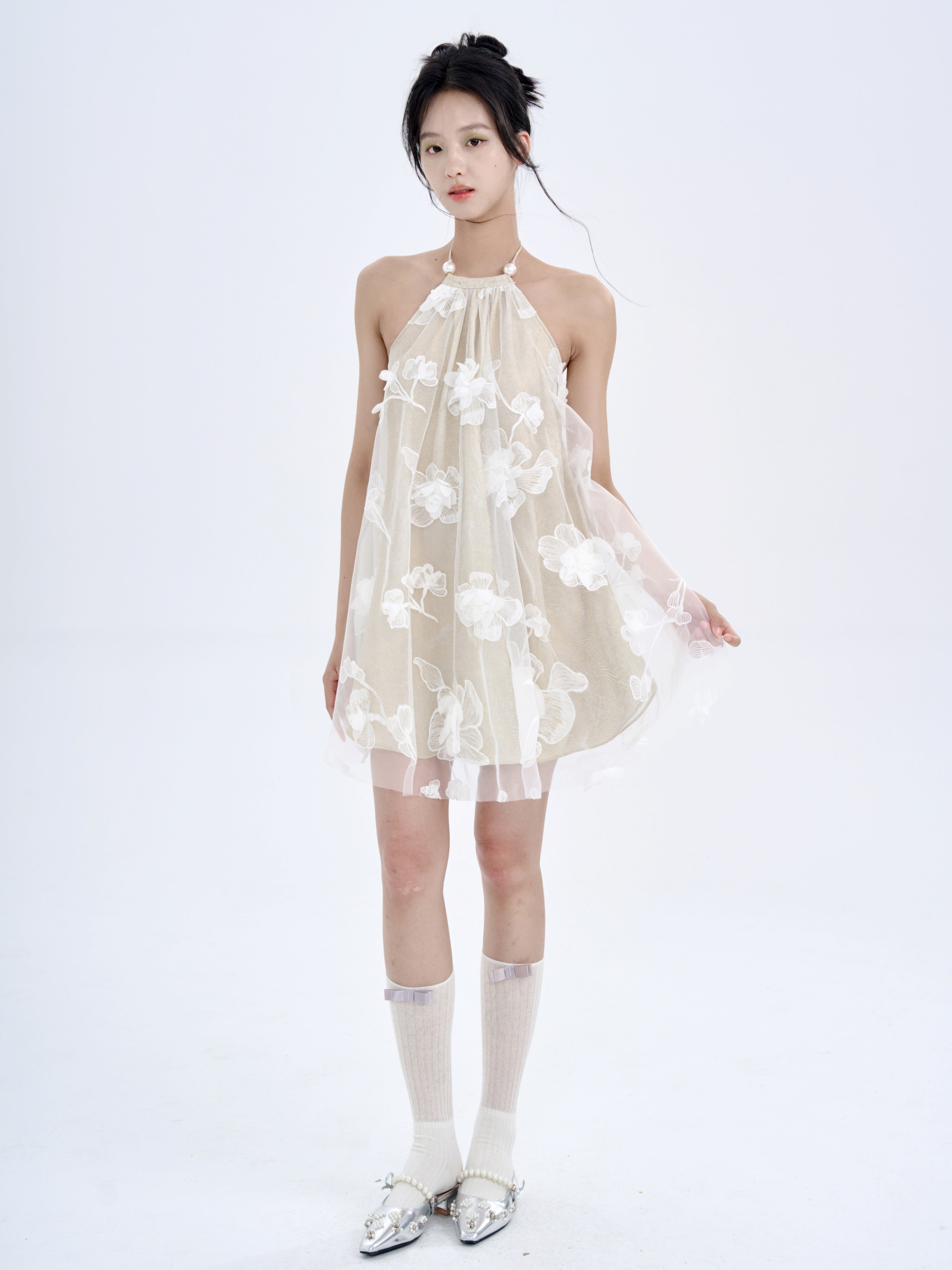 Three-dimensional Flower Halter Neck Dress