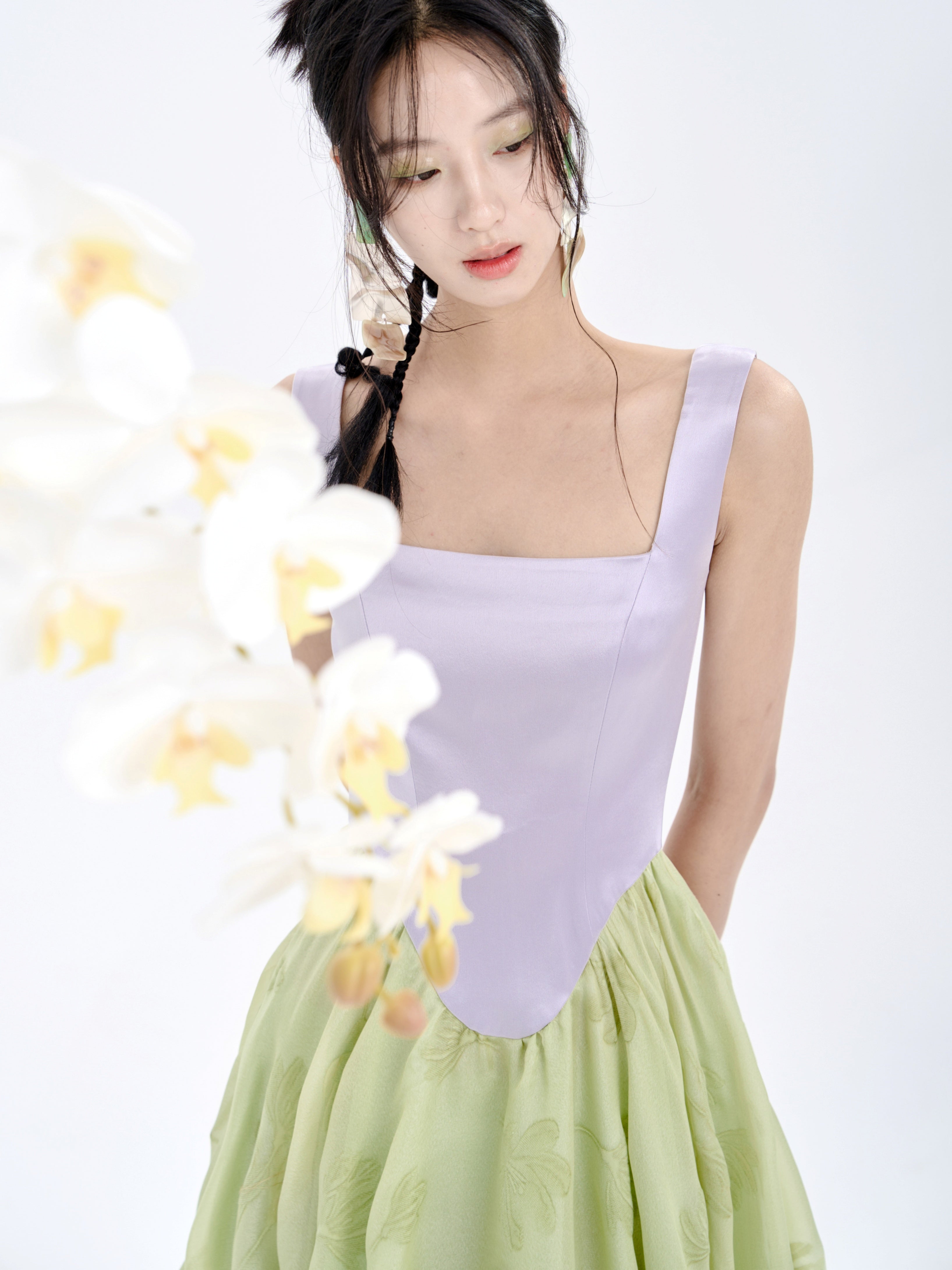 Color Matching Sleeveless Slim Waist Swing Puffy Dress