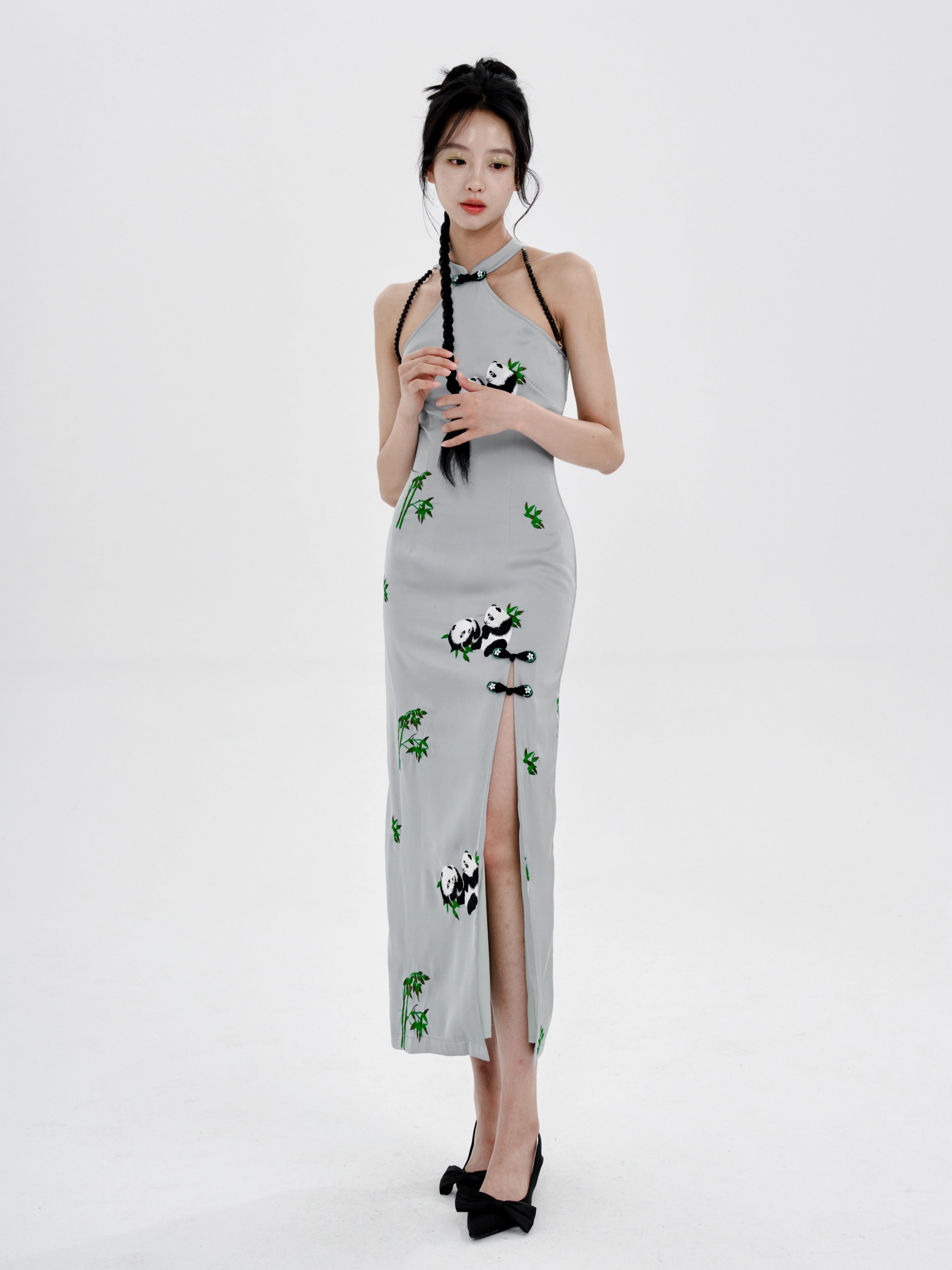 Panda Embroidery American Sleeve Long Dress