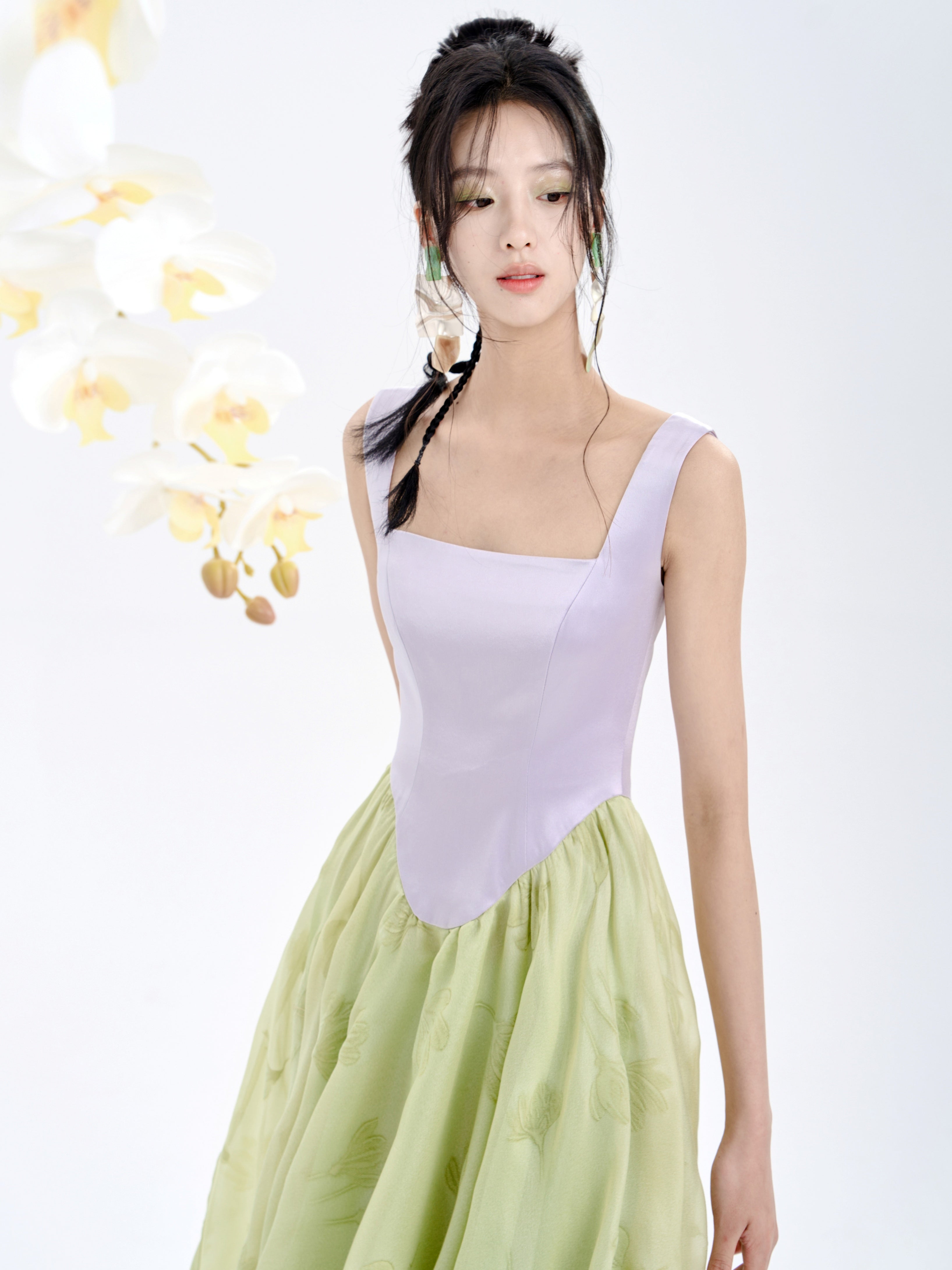 Color Matching Sleeveless Slim Waist Swing Puffy Dress