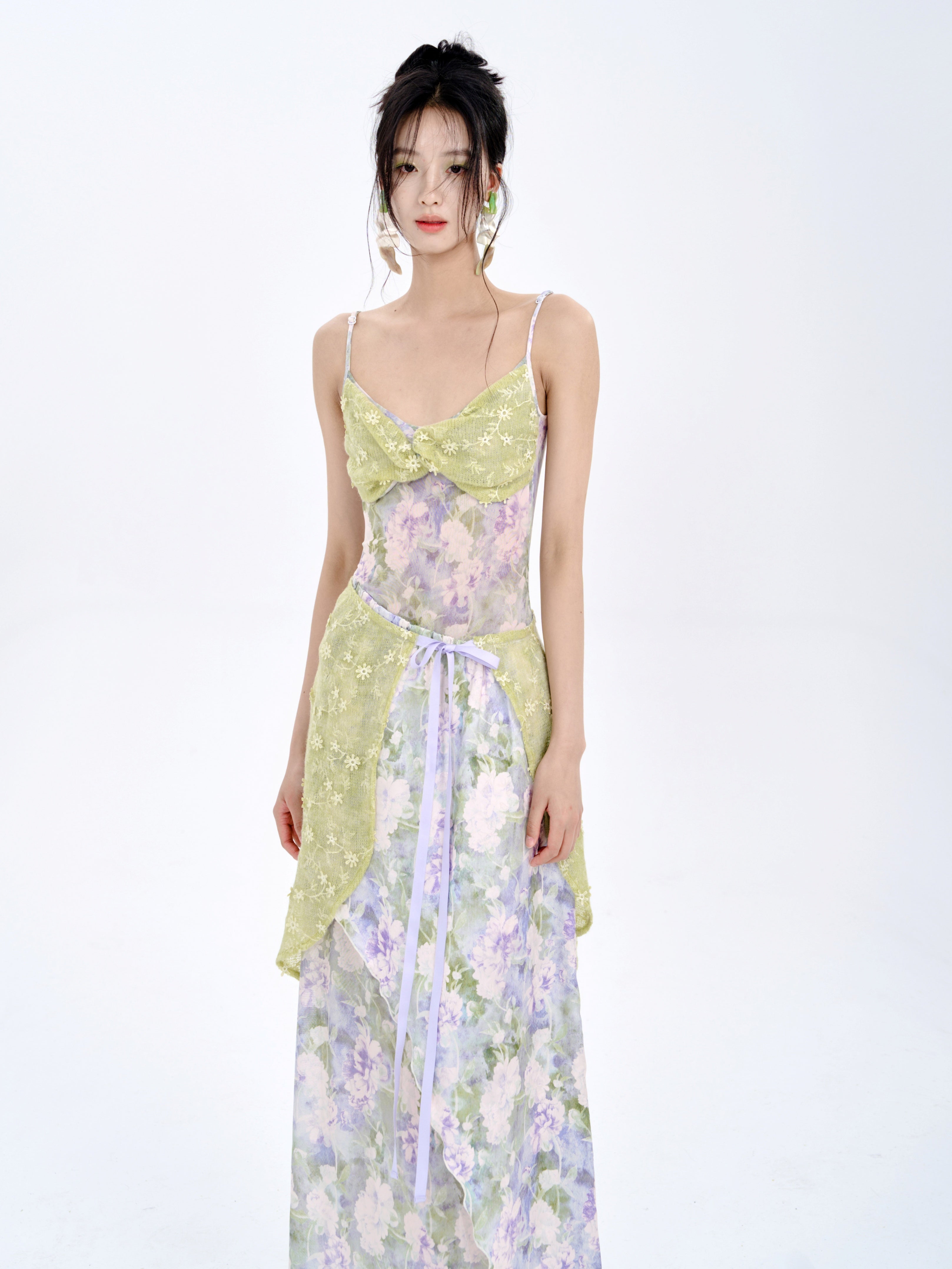 Stitching Tube Top Suspender Floral Dress & Wrap Skirt