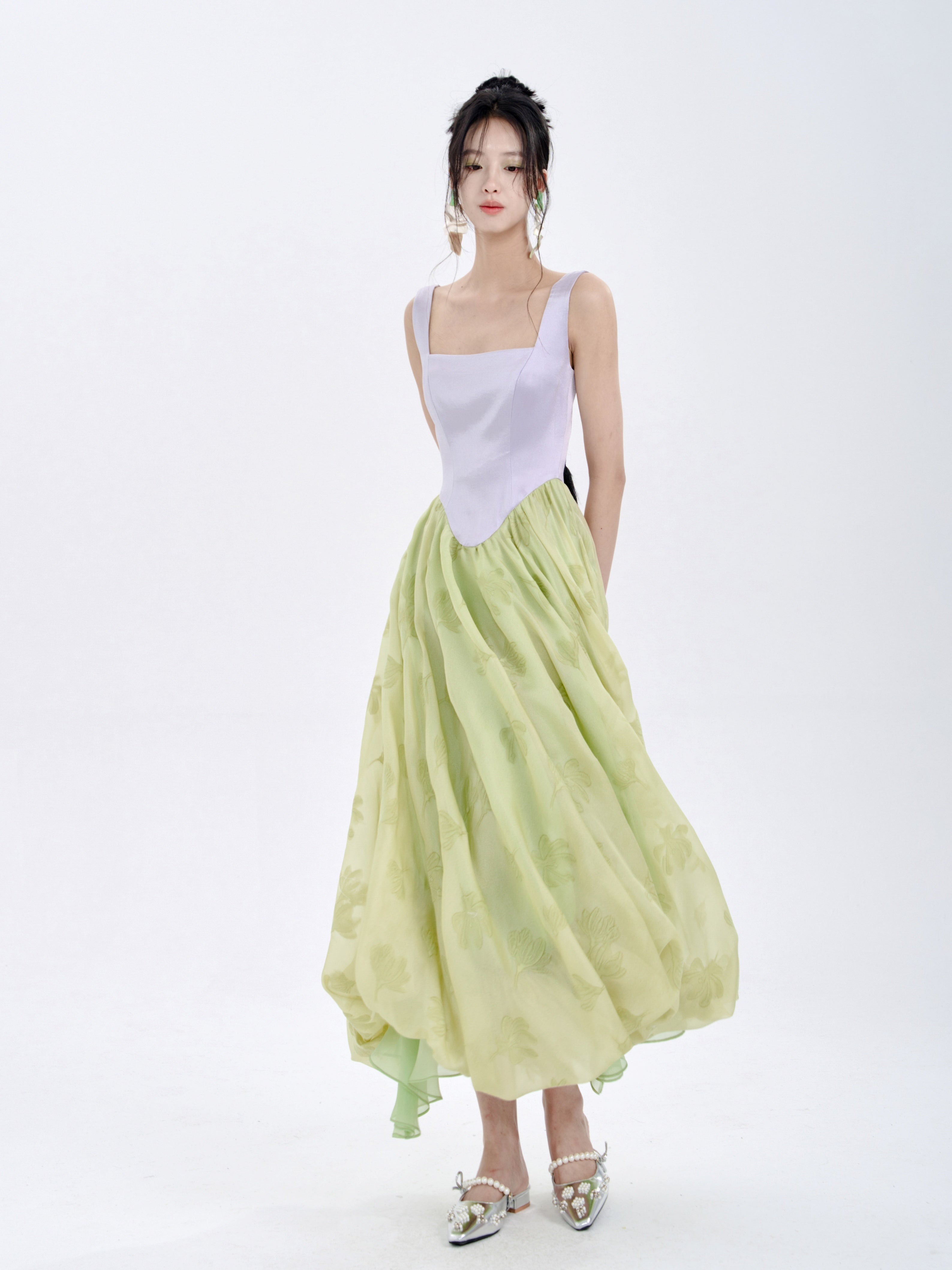 Color Matching Sleeveless Slim Waist Swing Puffy Dress