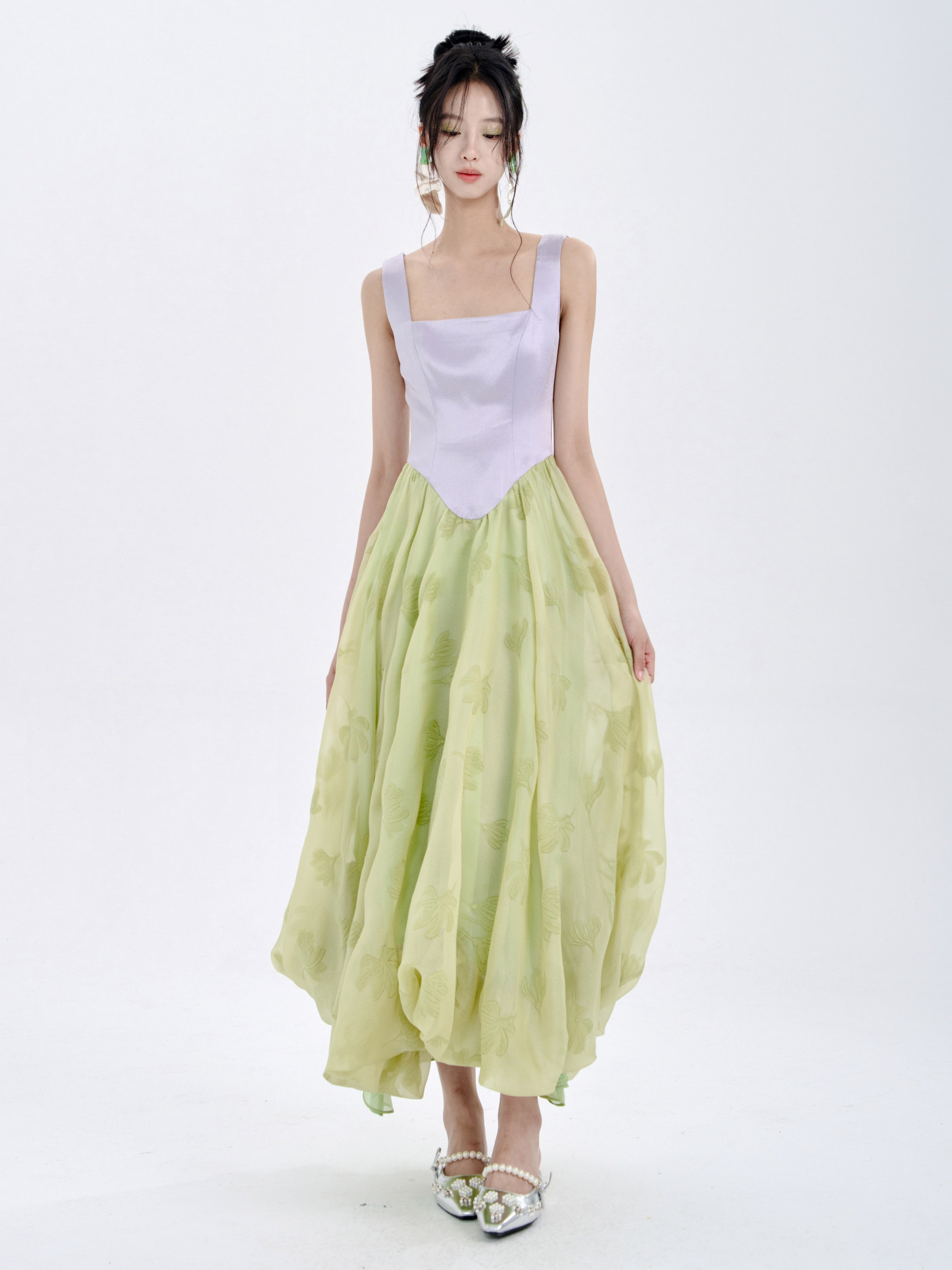 Color Matching Sleeveless Slim Waist Swing Puffy Dress