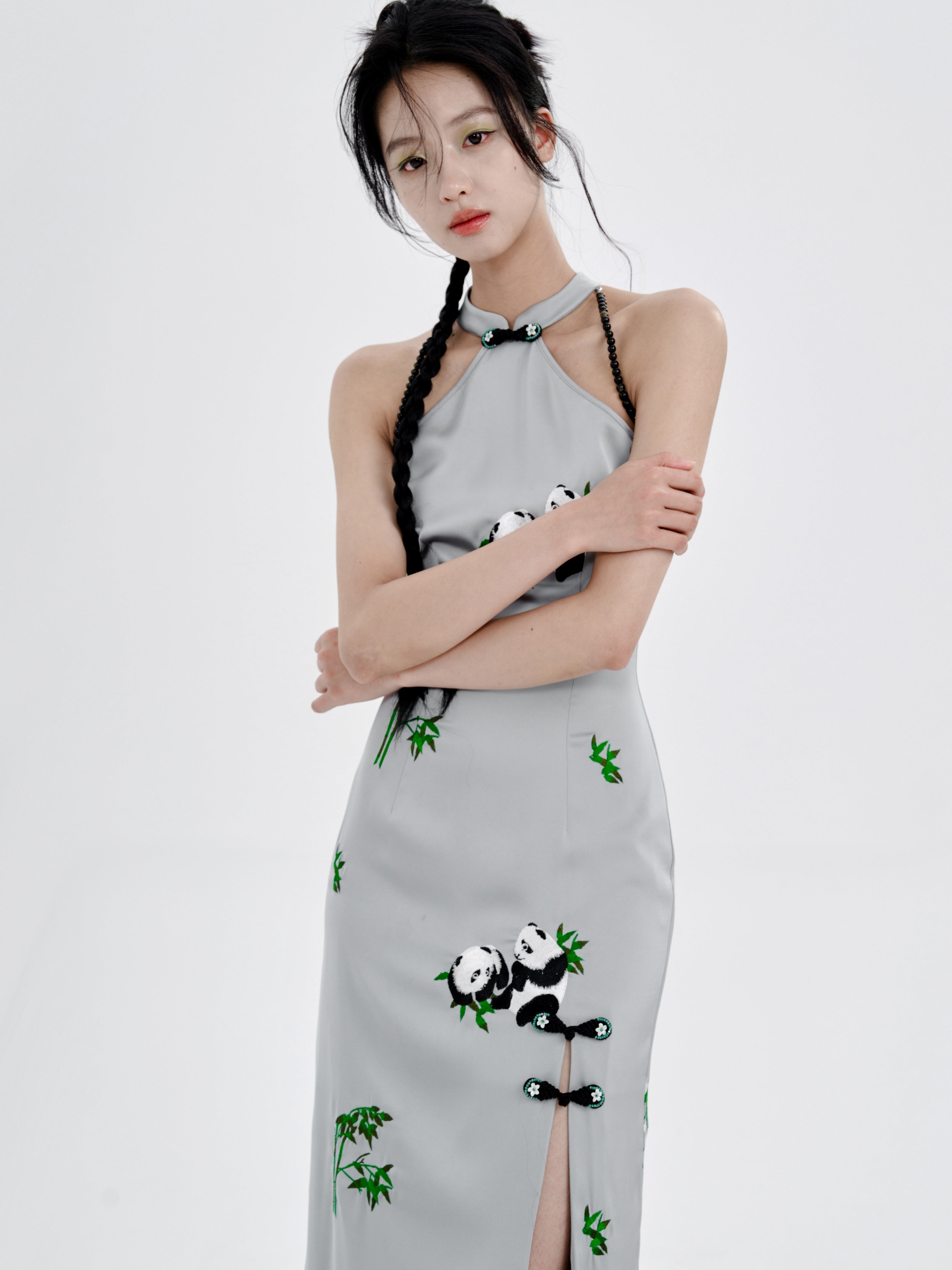 Panda Embroidery American Sleeve Long Dress