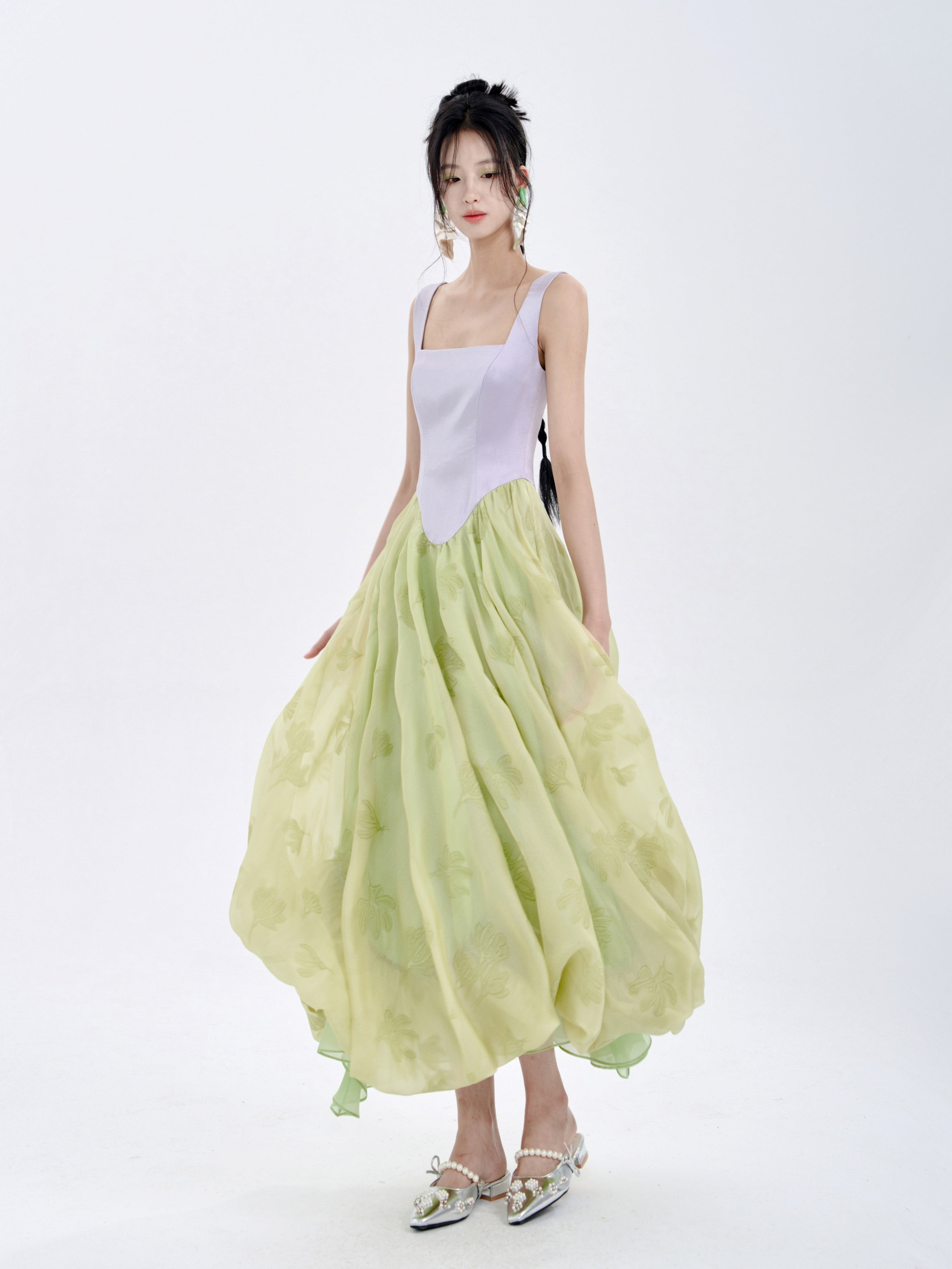 Color Matching Sleeveless Slim Waist Swing Puffy Dress