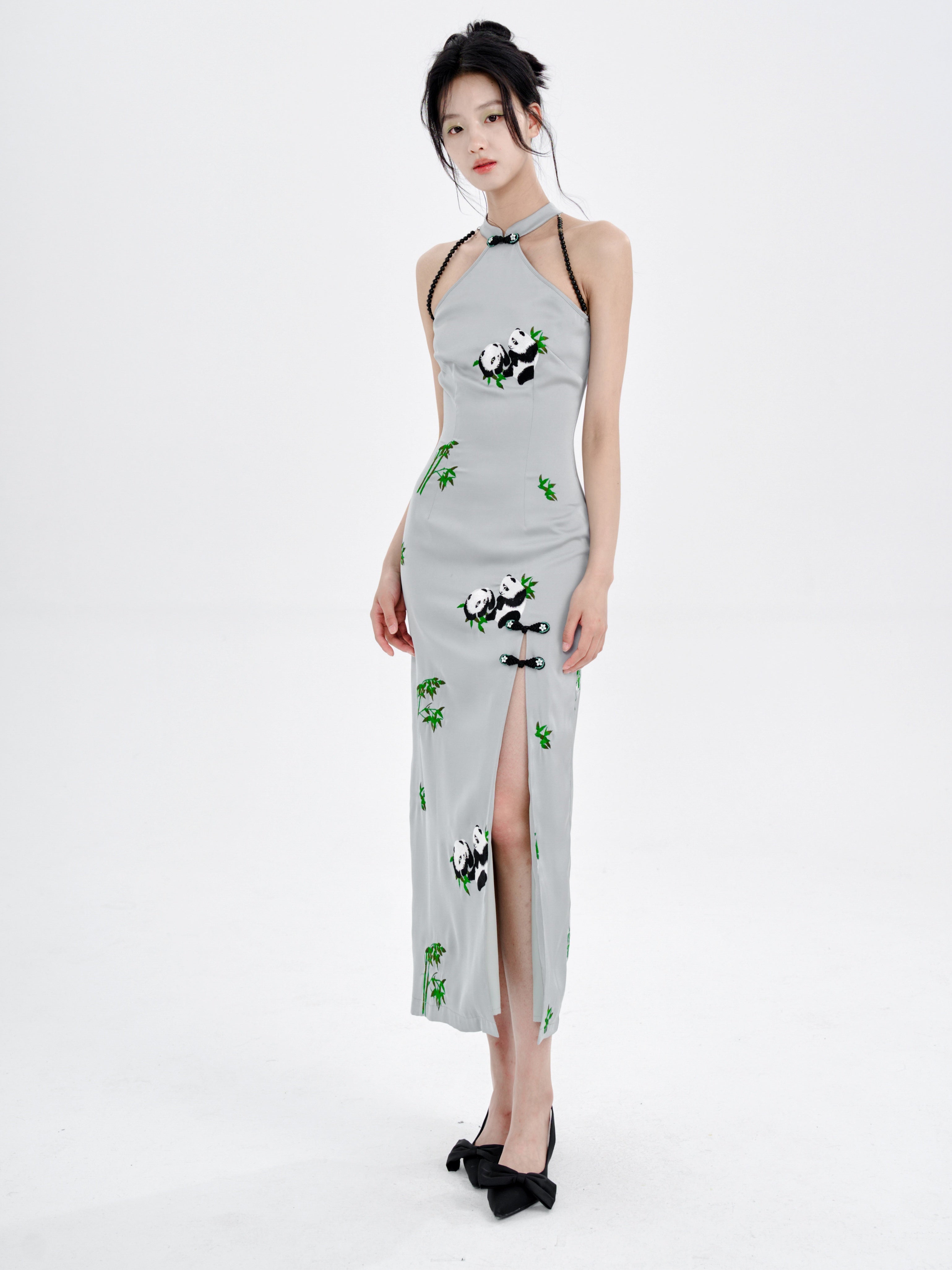 Panda Embroidery American Sleeve Long Dress