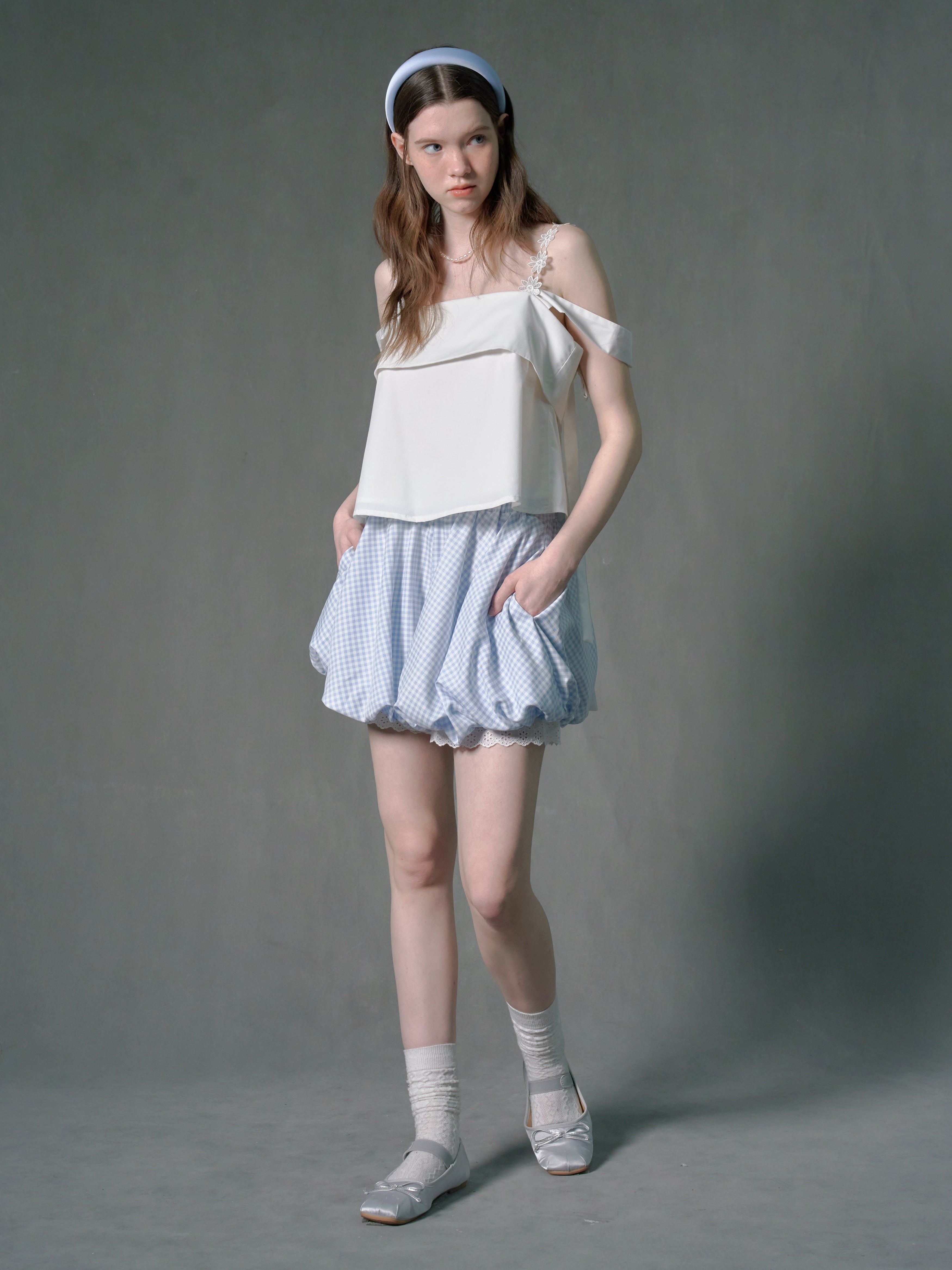 격자 무늬 푹신한 새싹 반바지