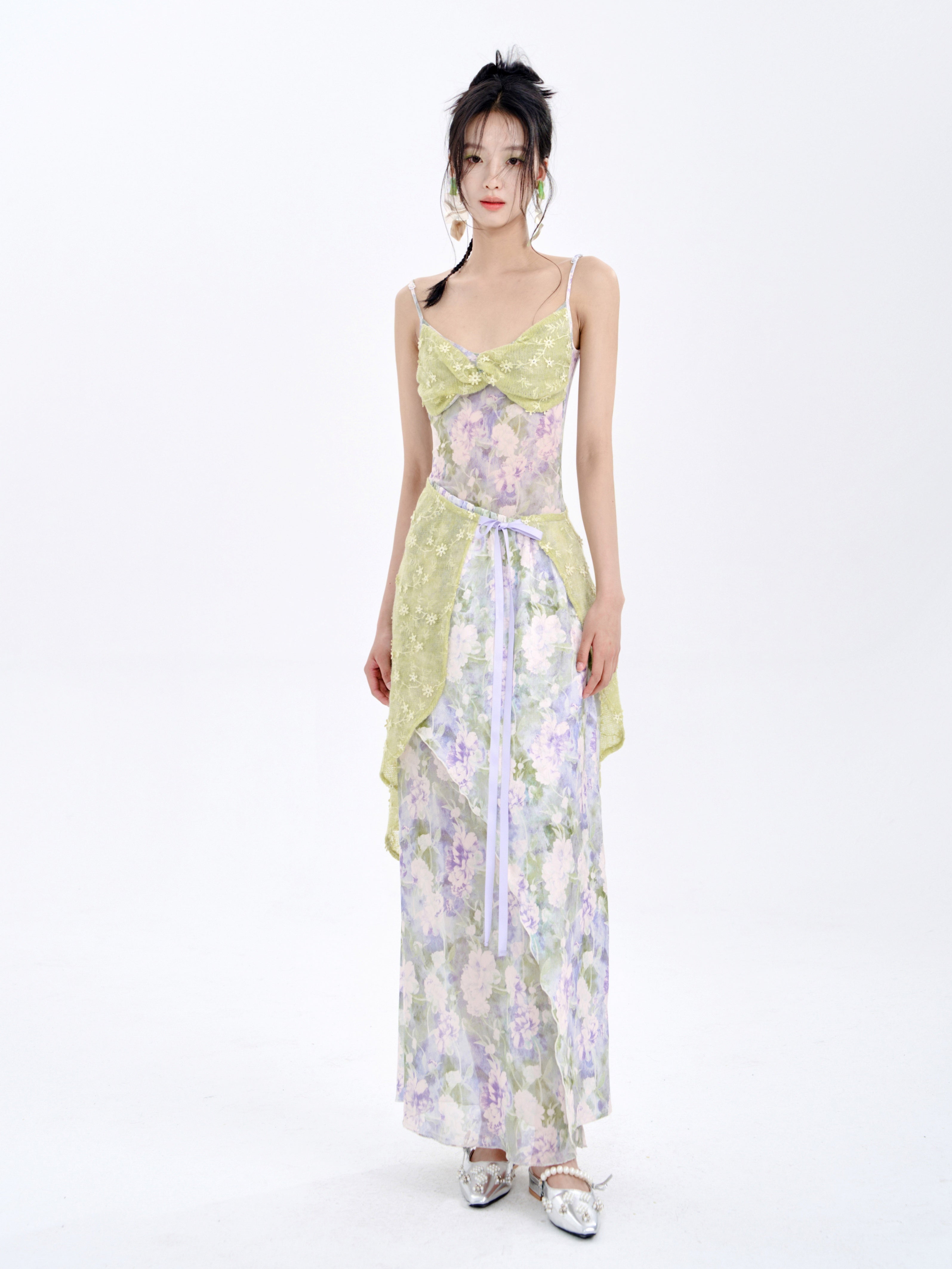 Stitching Tube Top Suspender Floral Dress & Wrap Skirt