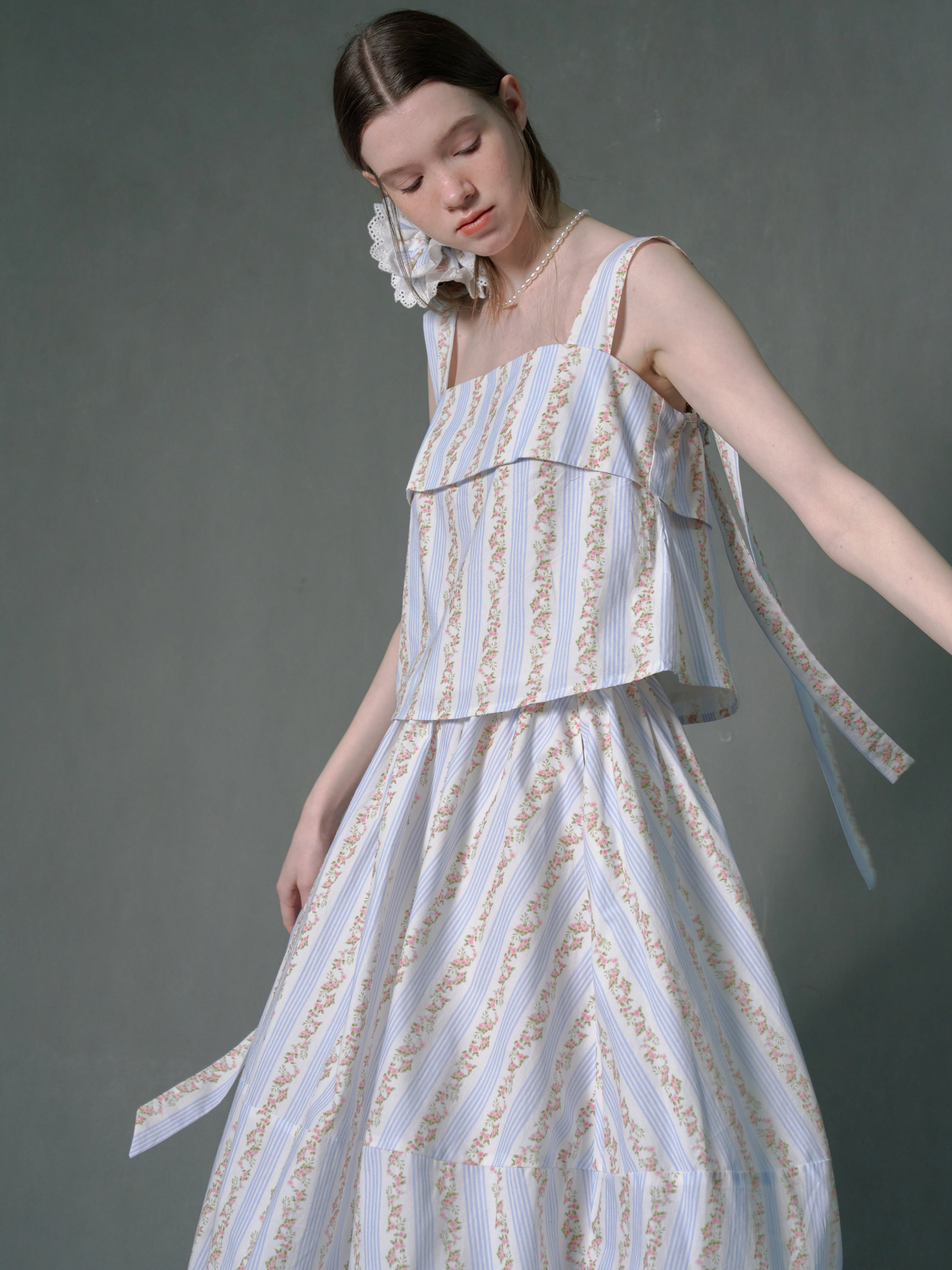 Floral Striped Lantern Fluffy Skirt