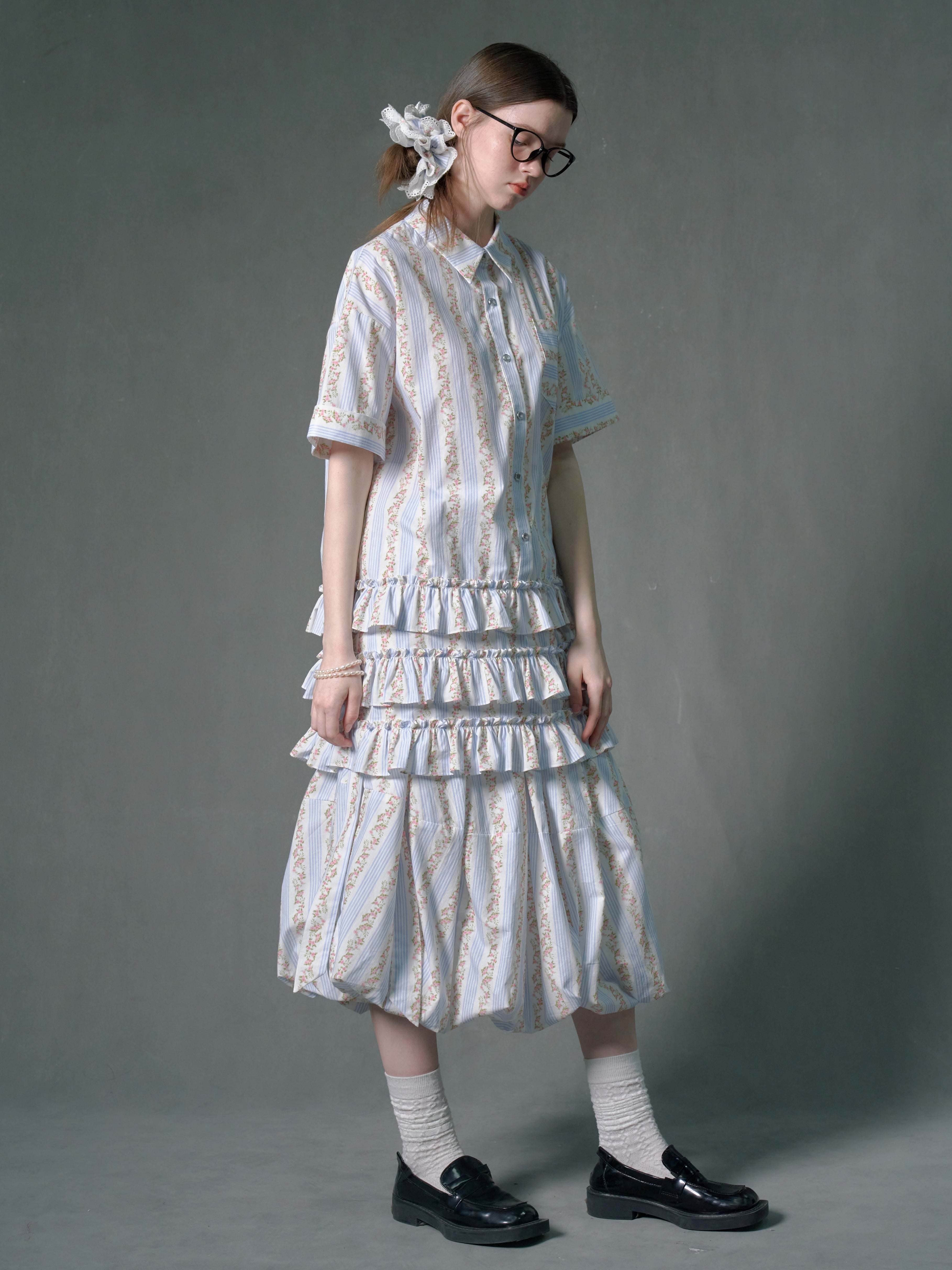 Floral Striped Lantern Fluffy Skirt