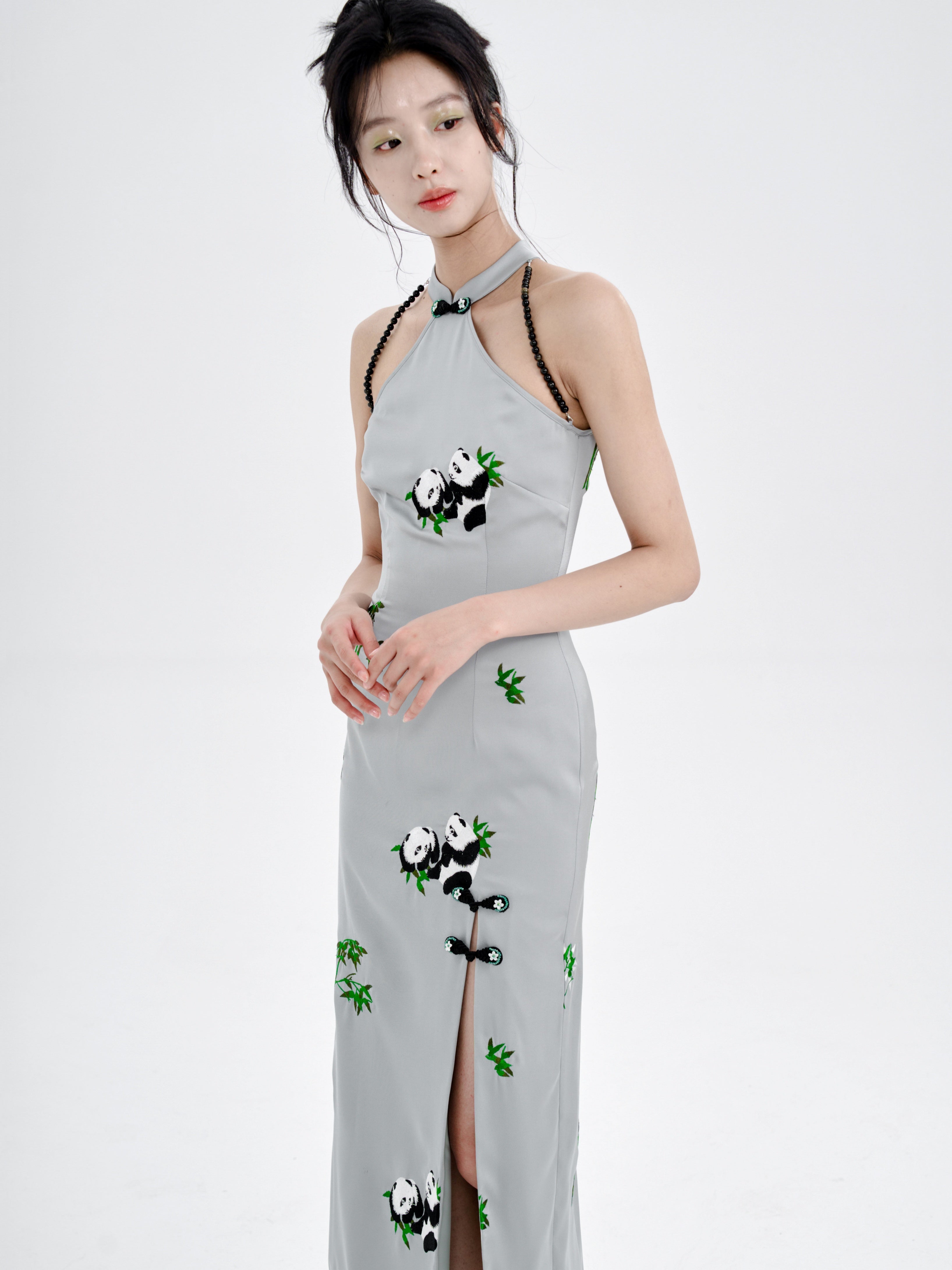 Panda Embroidery American Sleeve Long Dress