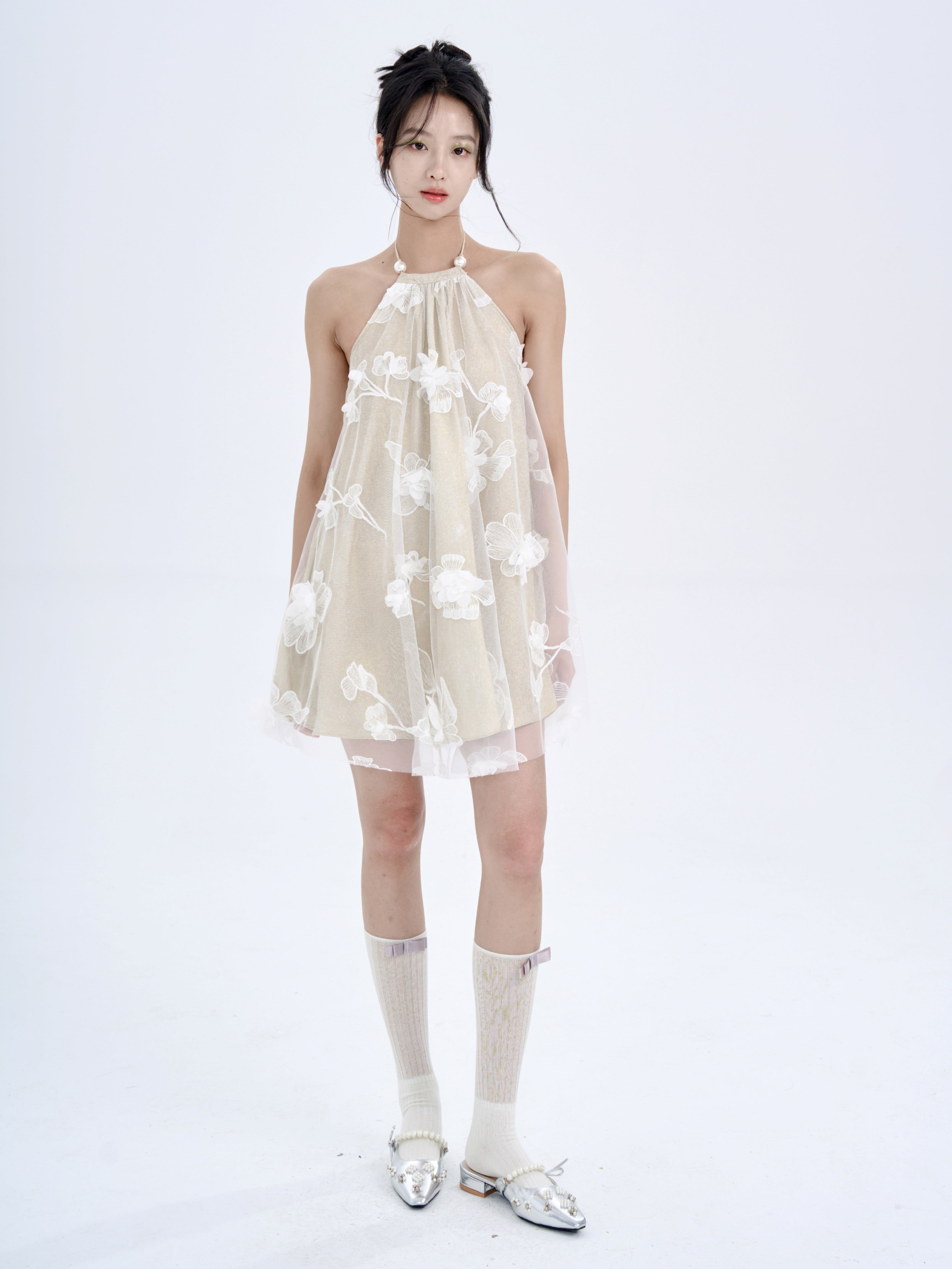 Three-dimensional Flower Halter Neck Dress