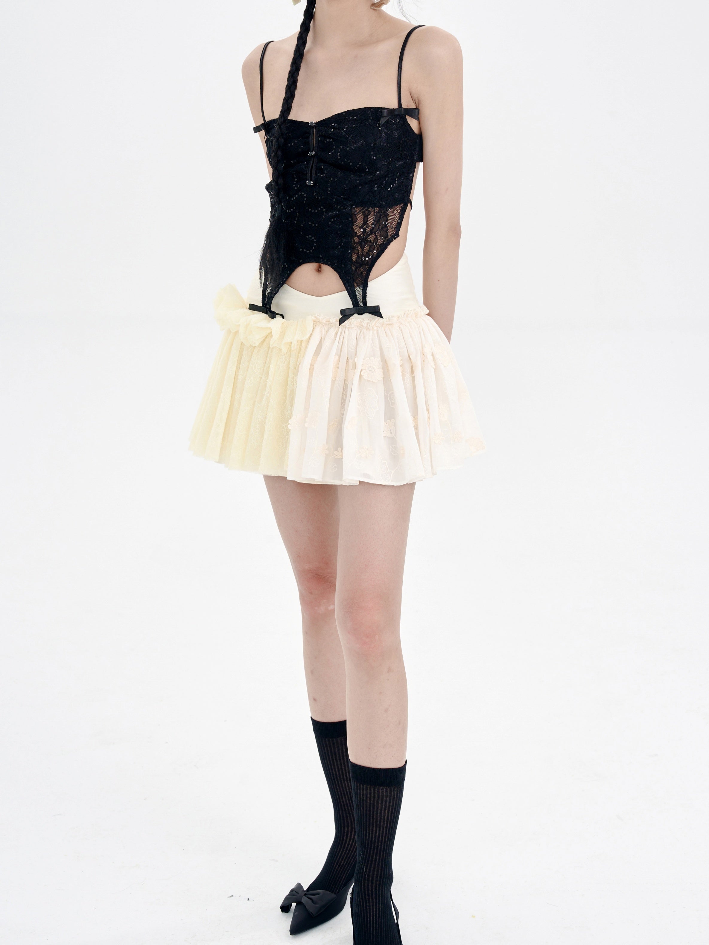 Lace Irregular Hem Camisole & Low Waist Mid-Length Skirt