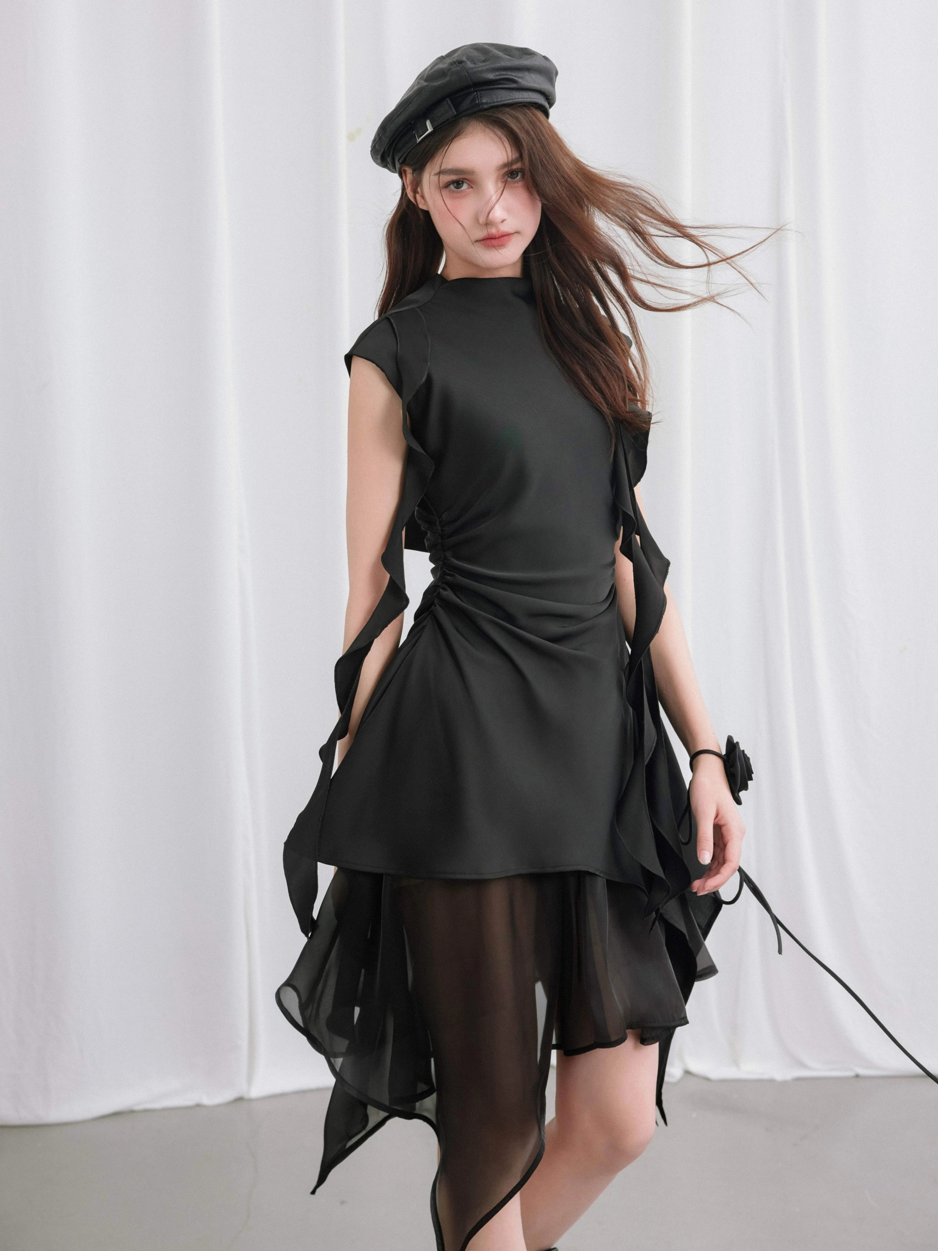 Backless Panelled Gauze Waist Streamers Irregular Midi Dress