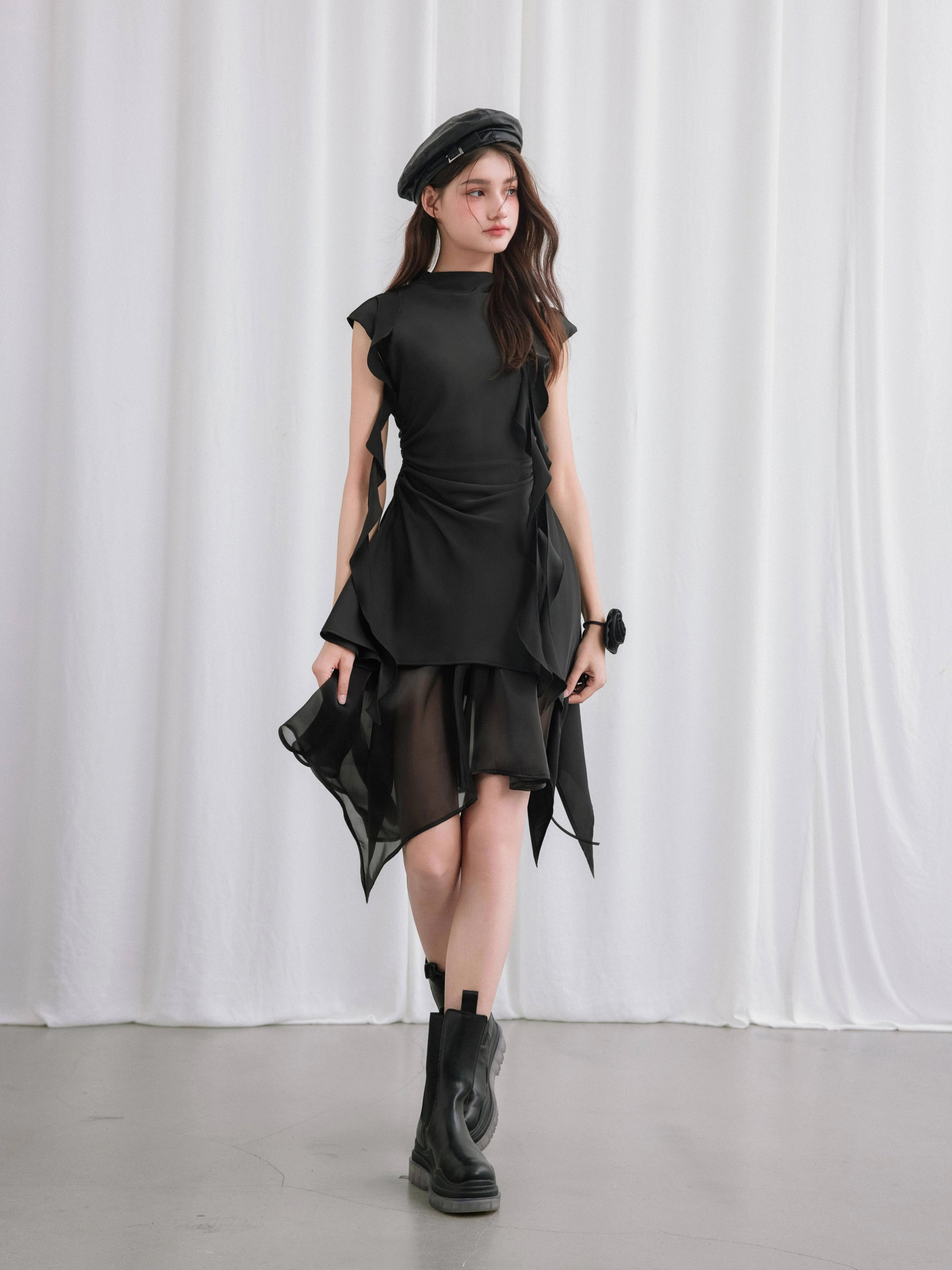 Backless Panelled Gauze Waist Streamers Irregular Midi Dress