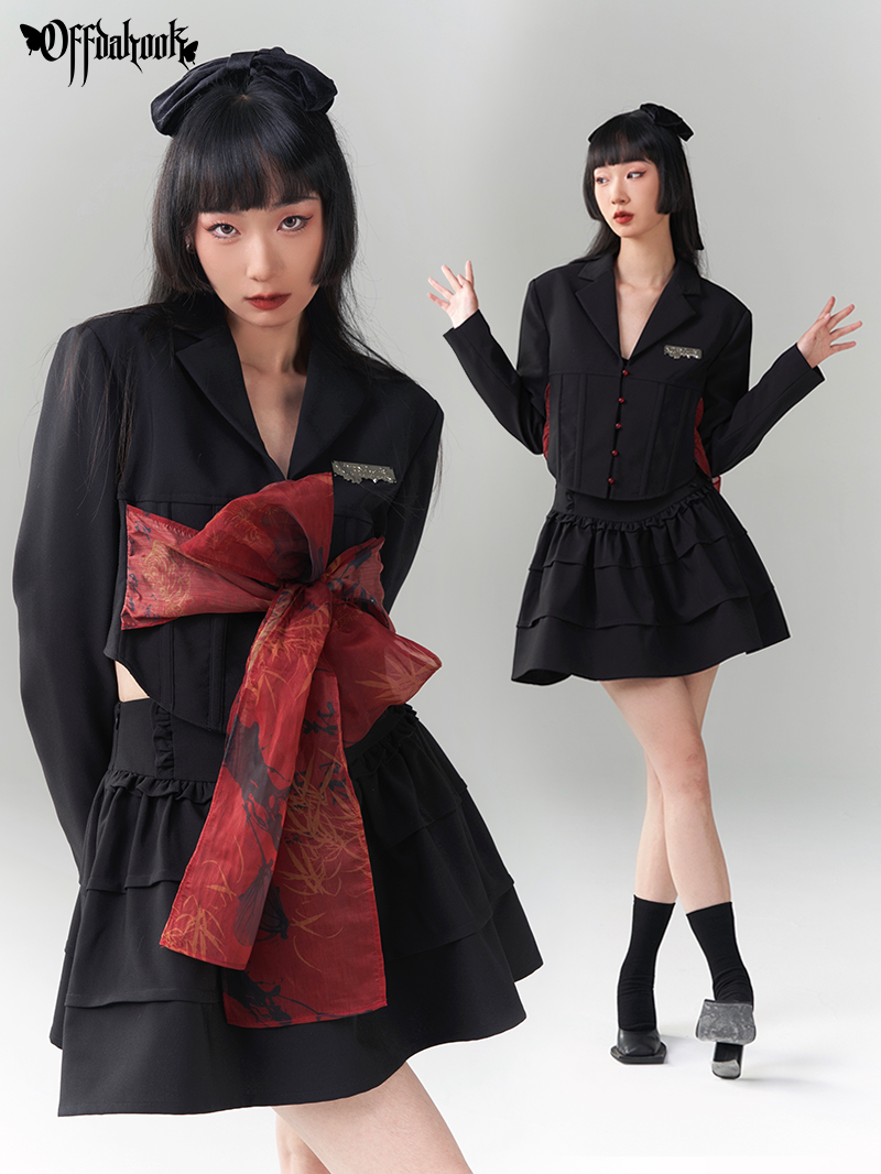 Back-Ribbon 2way Nichi Frill Stufeed Jacket & Rock