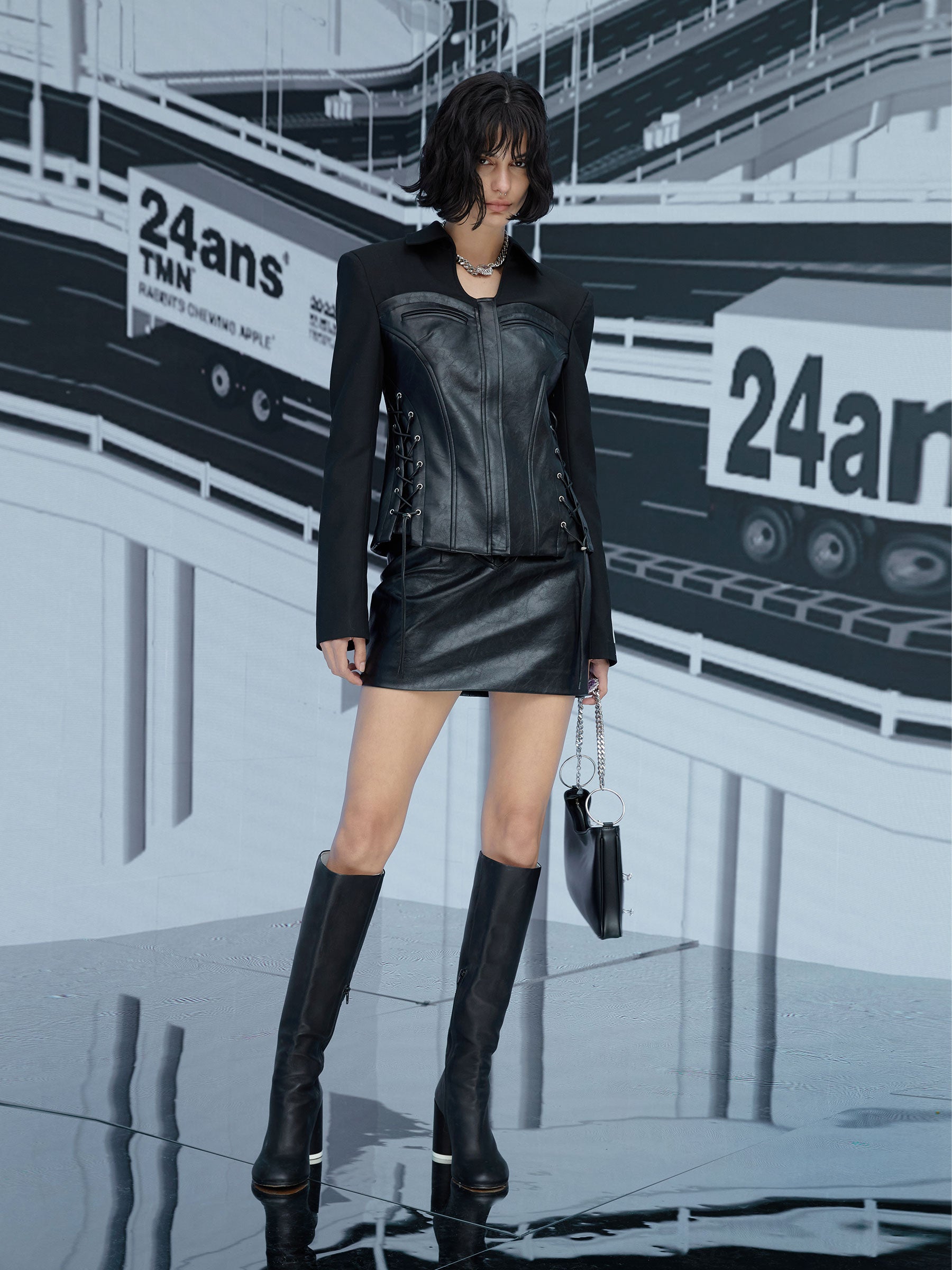 Leather Handsome Cool Lace-up Tops&Skirt