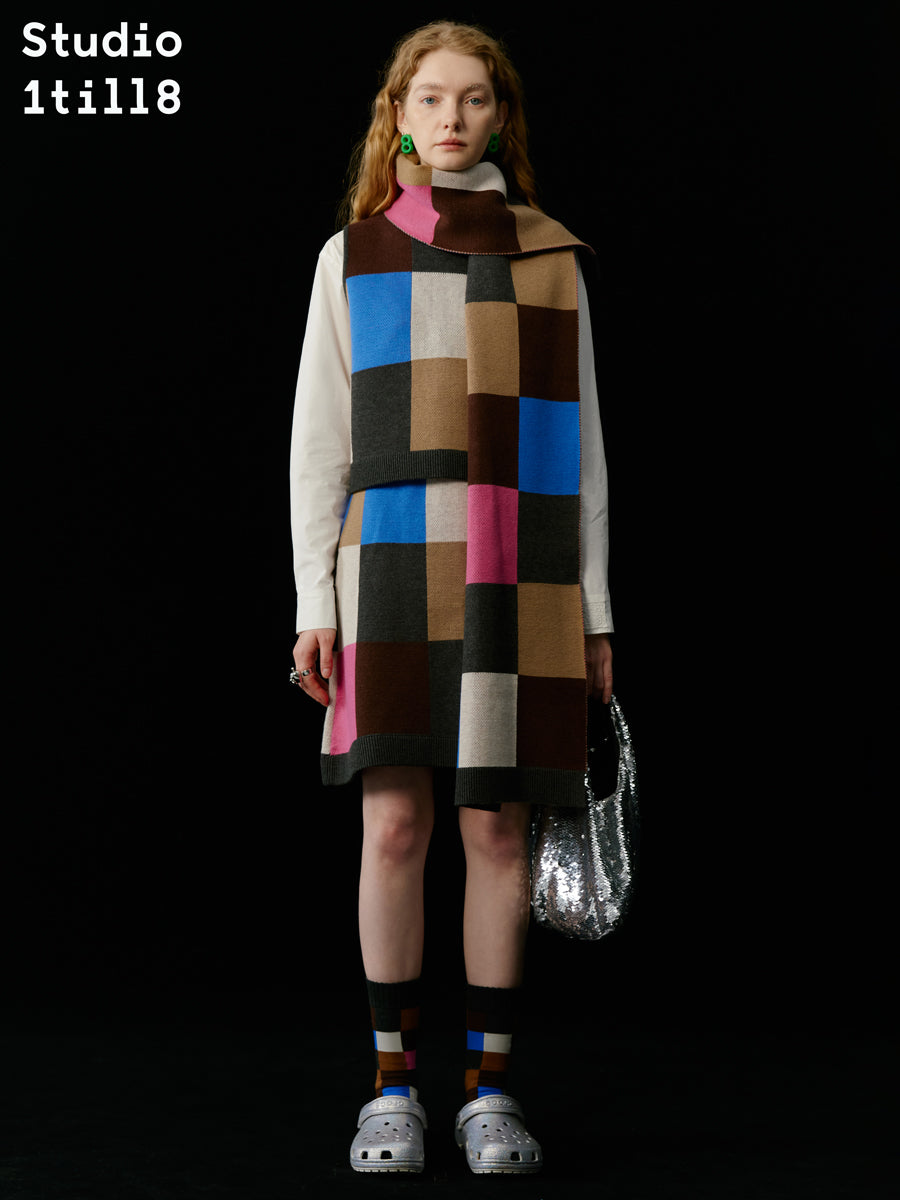 Multi-Color Colorful Block-Checked Knit Vest & Skit