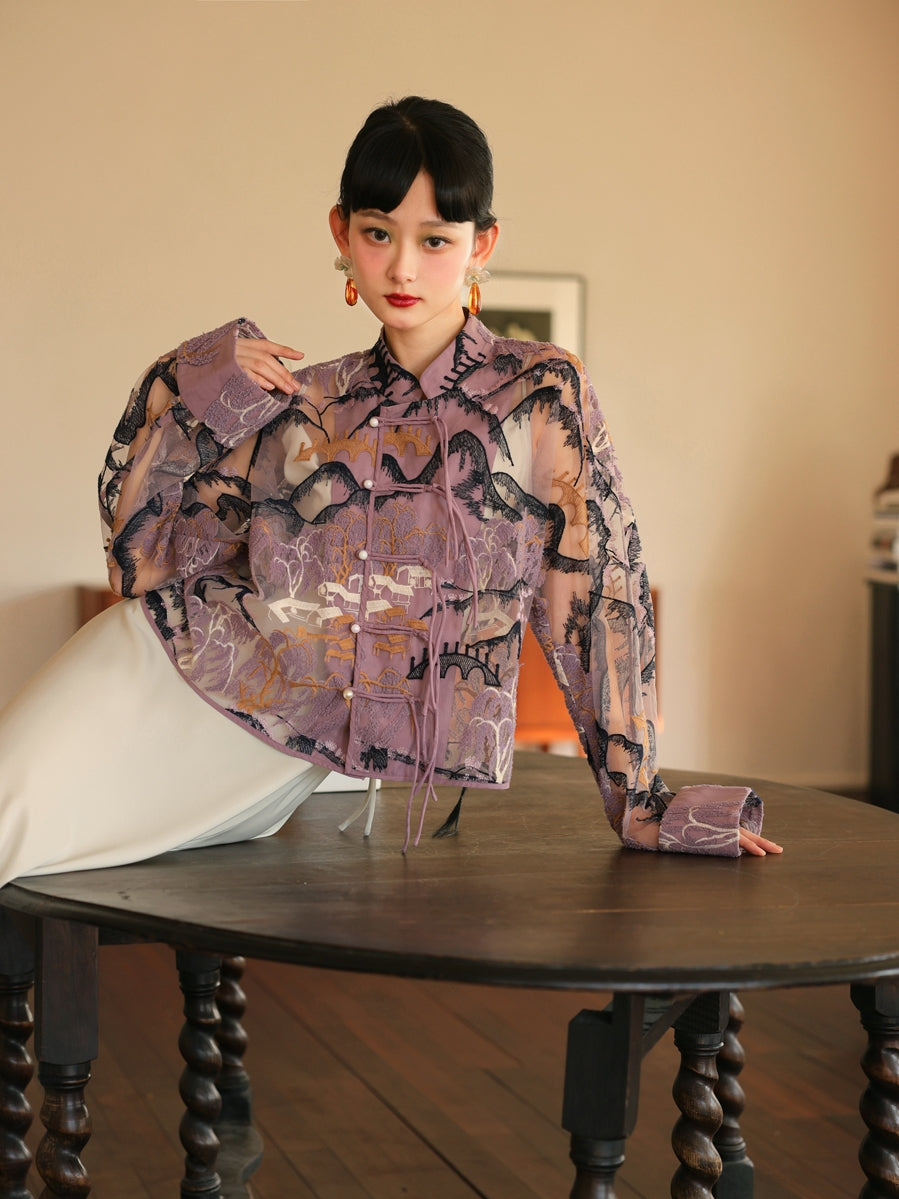 자수 중국 레트로 시프 스루 탑