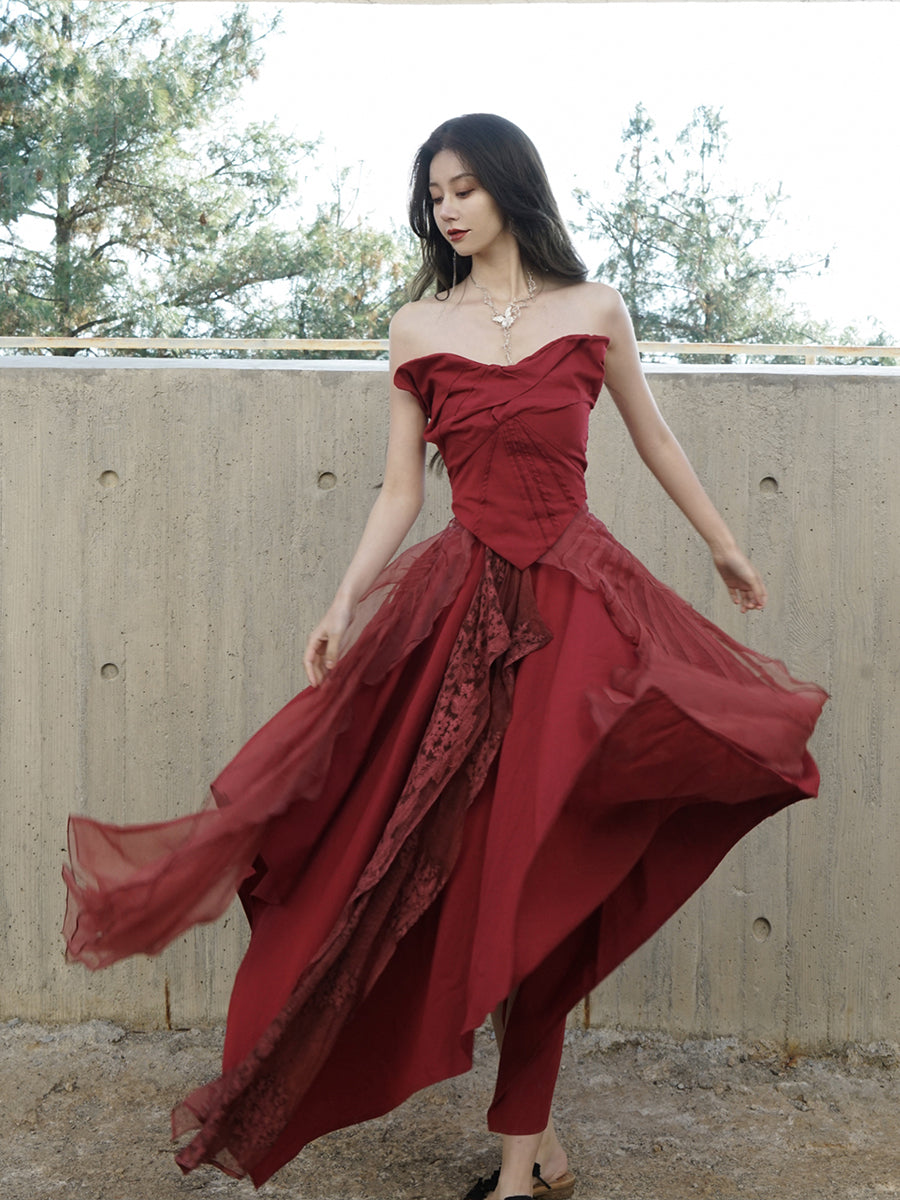 Kleid elegamt Spitze flauschig Ciffon Tops & Rock