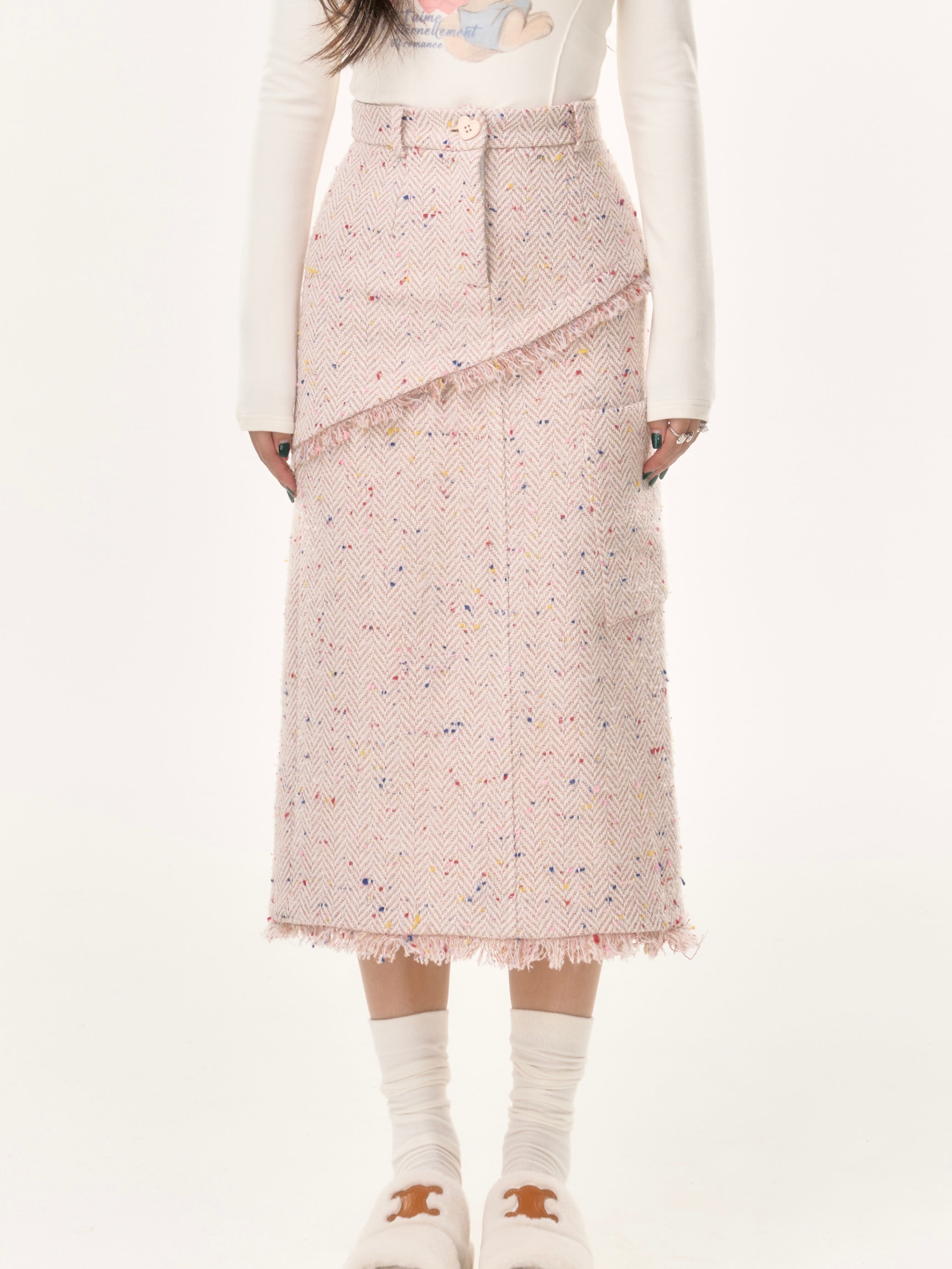 Tweed Tassel Floral Long Skirt