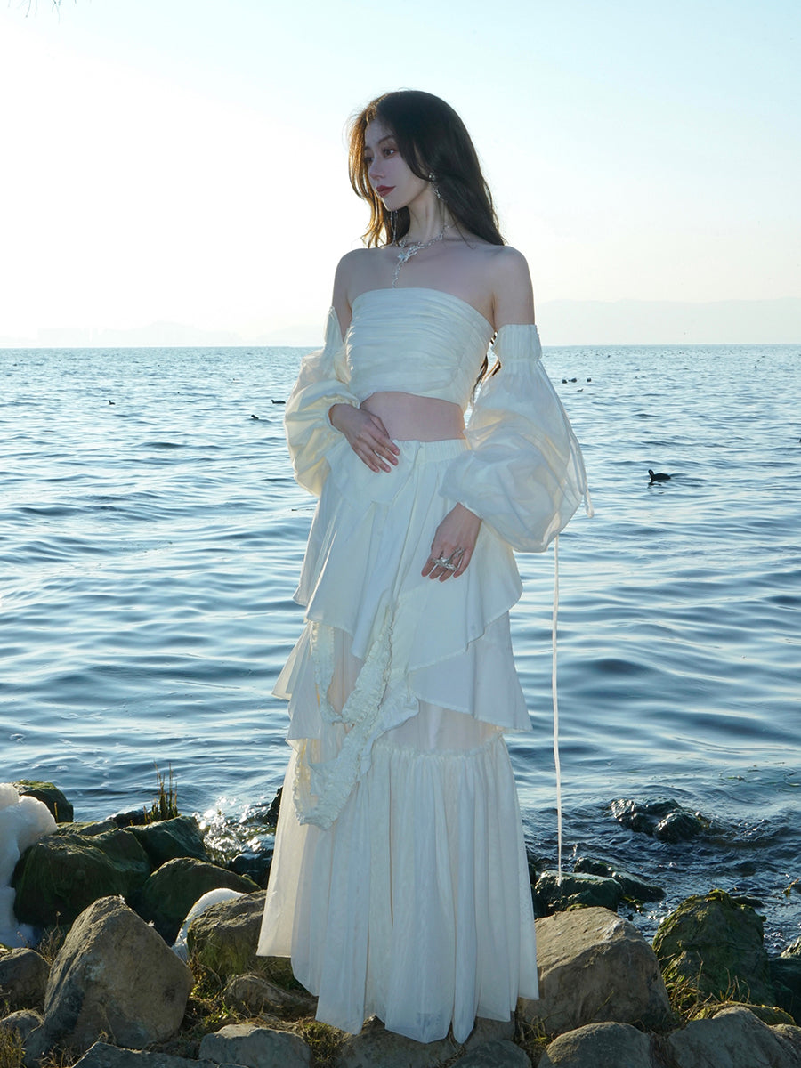 비대칭 계층 레이스 니치 긴 스커트