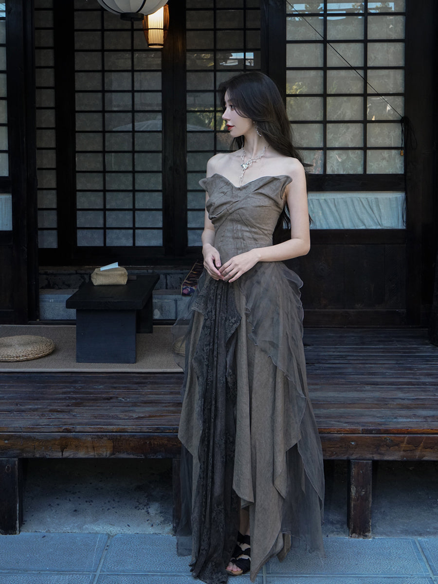 DRESS ELEGAMT LACE FLUFFILY CIFFON MODEST TOPS & SKIRT