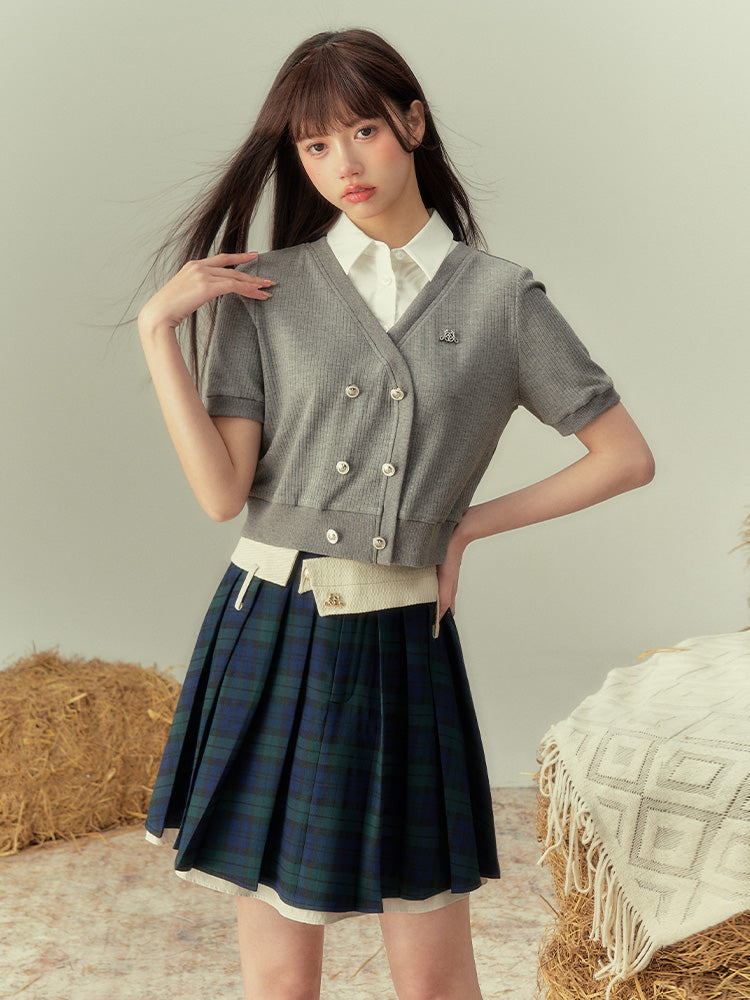 V-NECK COLLEGE SHORL KNIT HALF-SLEEVE CARDIGAN