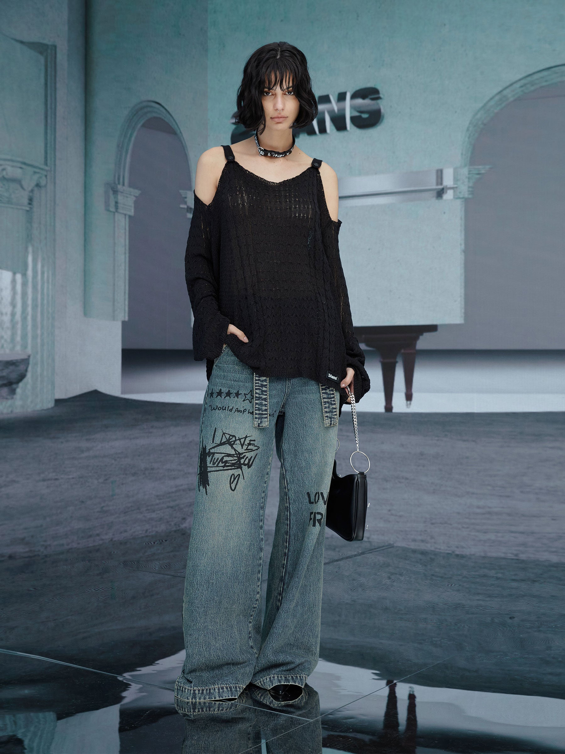 Open-shoulder Loose Mesh Knit