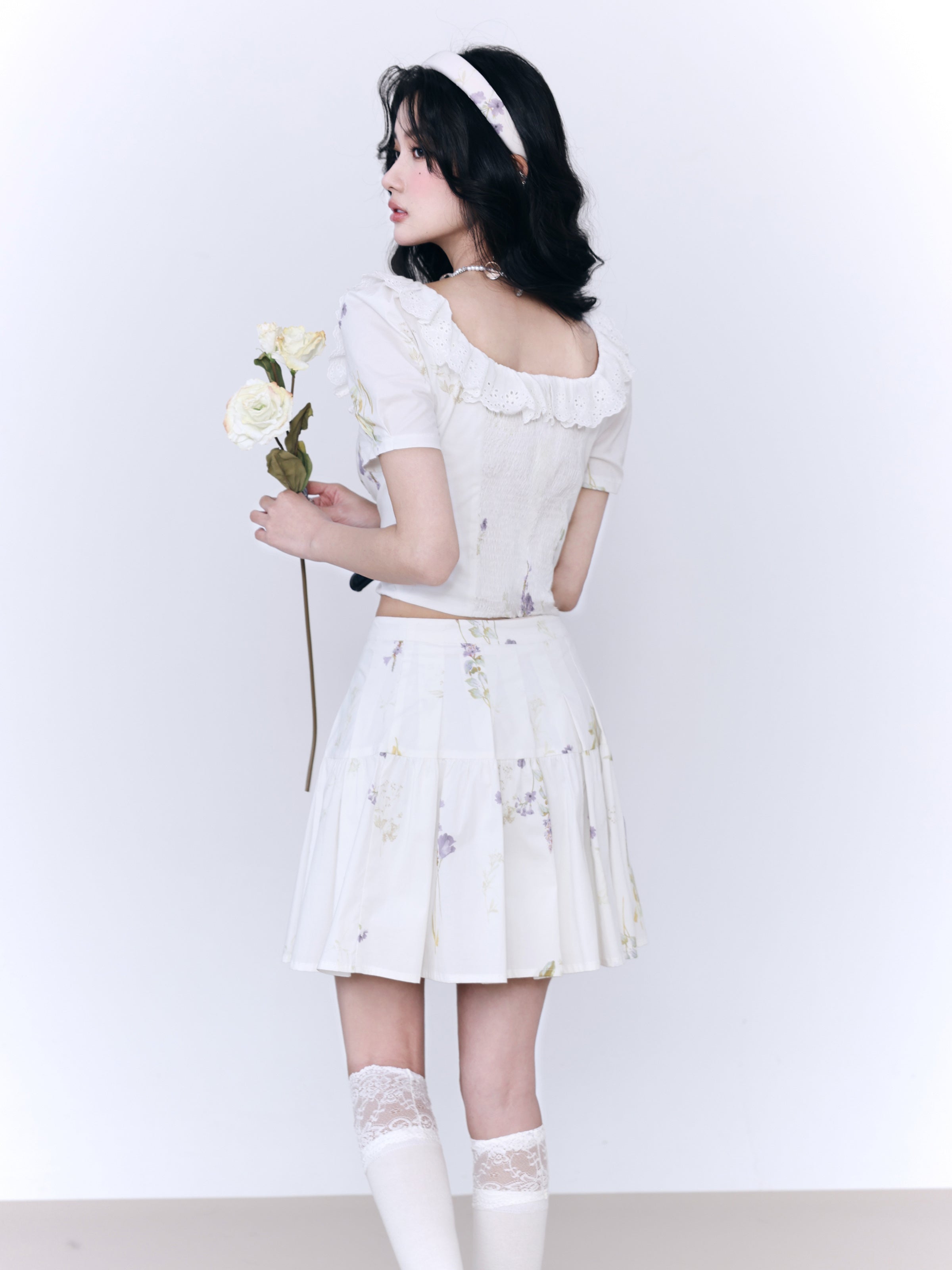 Lace Flower Natural Frill Girly PLEATS BLOUSE & SHORT-SKIRT