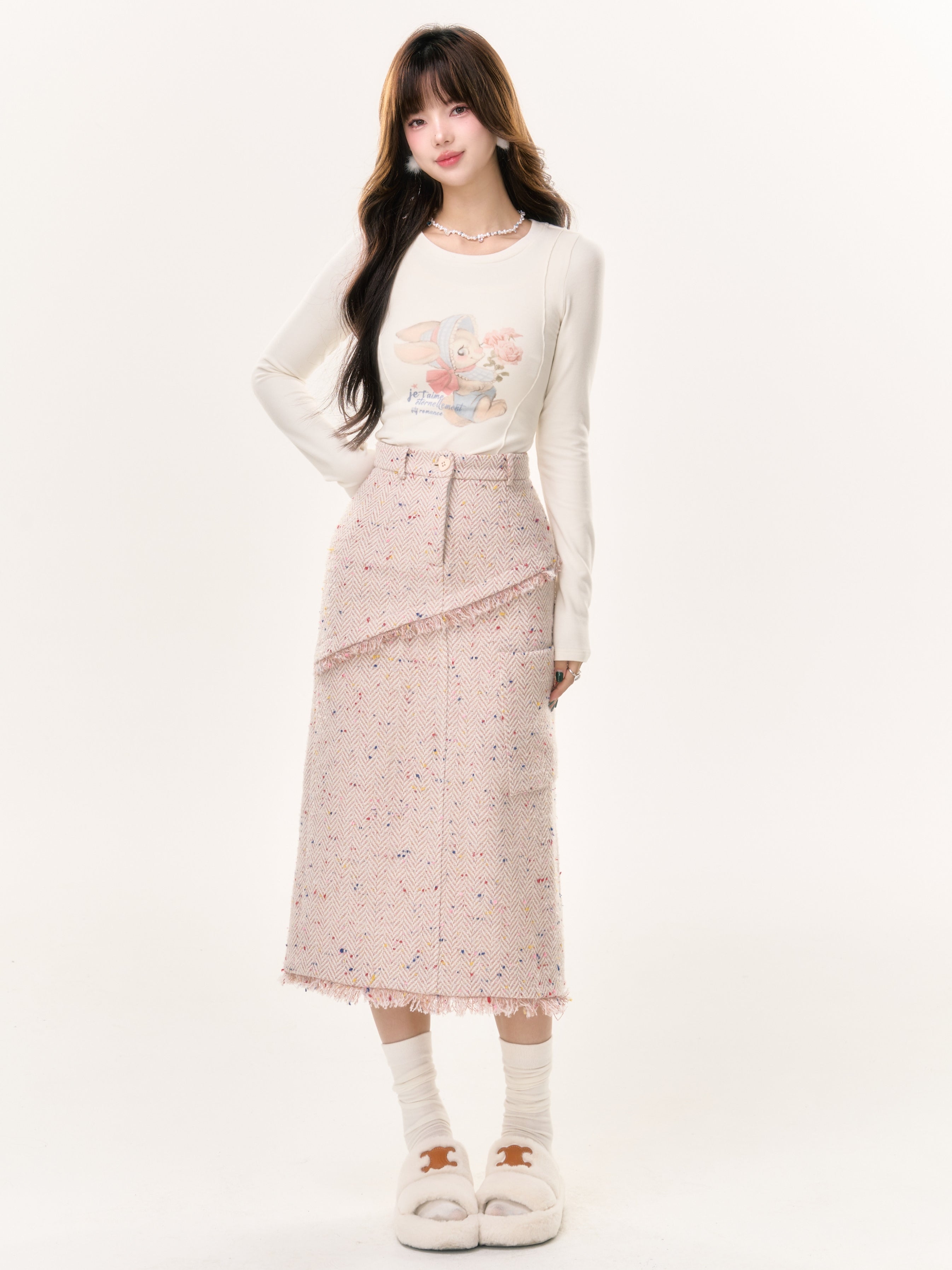 Tweed Tassel Floral Long Skirt