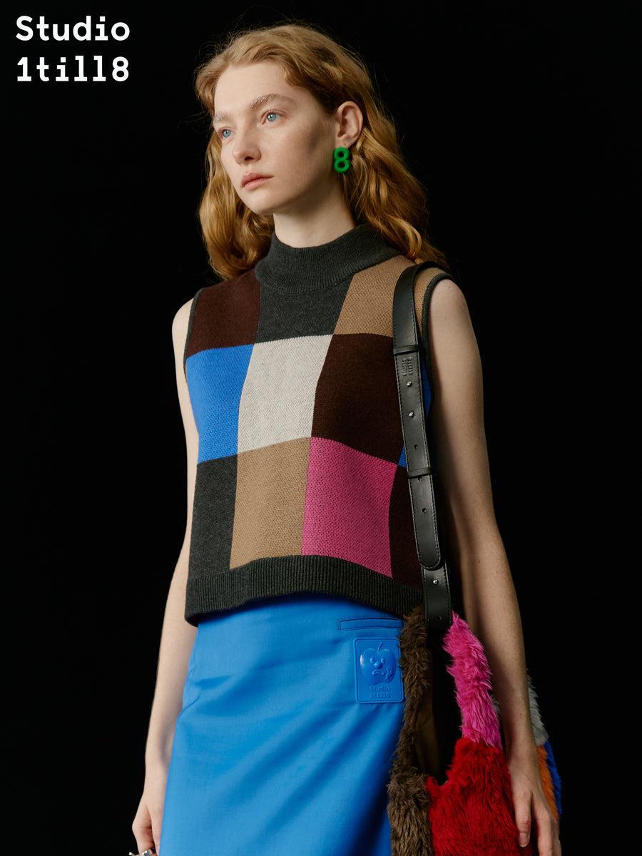 Multi-Color Colorful Block-Checked Knit Vest & Skit
