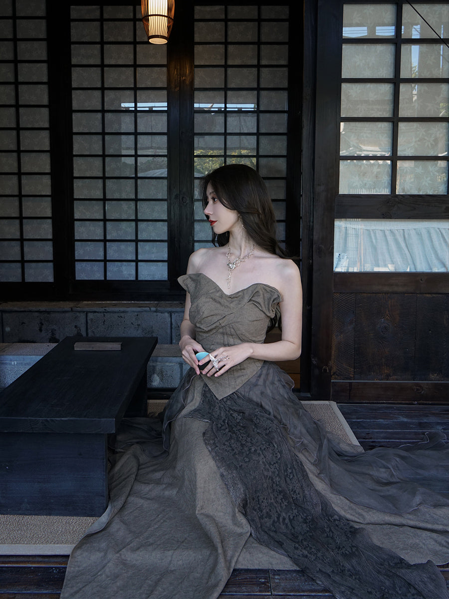 DRESS ELEGAMT LACE FLUFFILY CIFFON MODEST TOPS & SKIRT