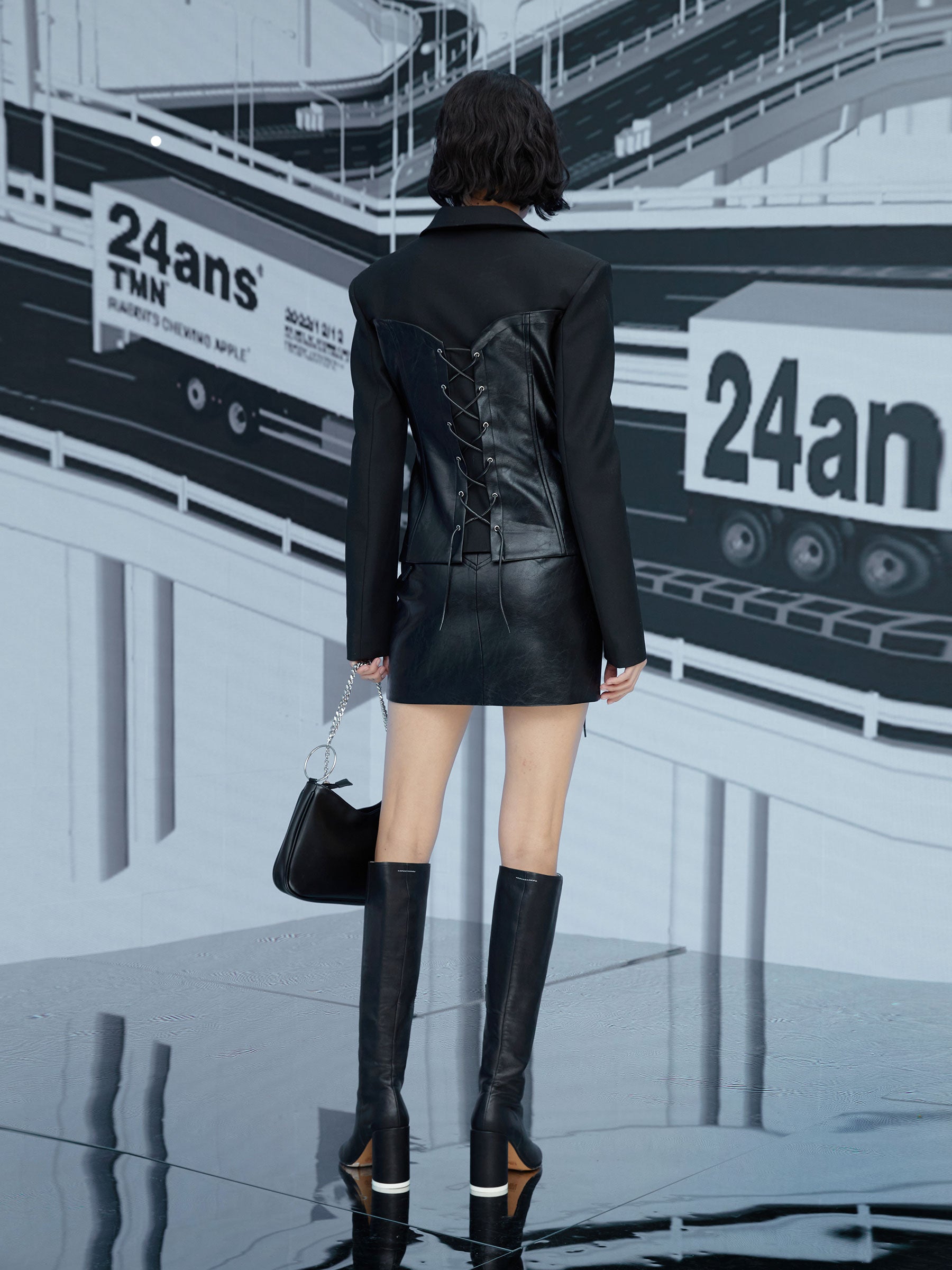 Leather Handsome Cool Lace-up Tops&Skirt
