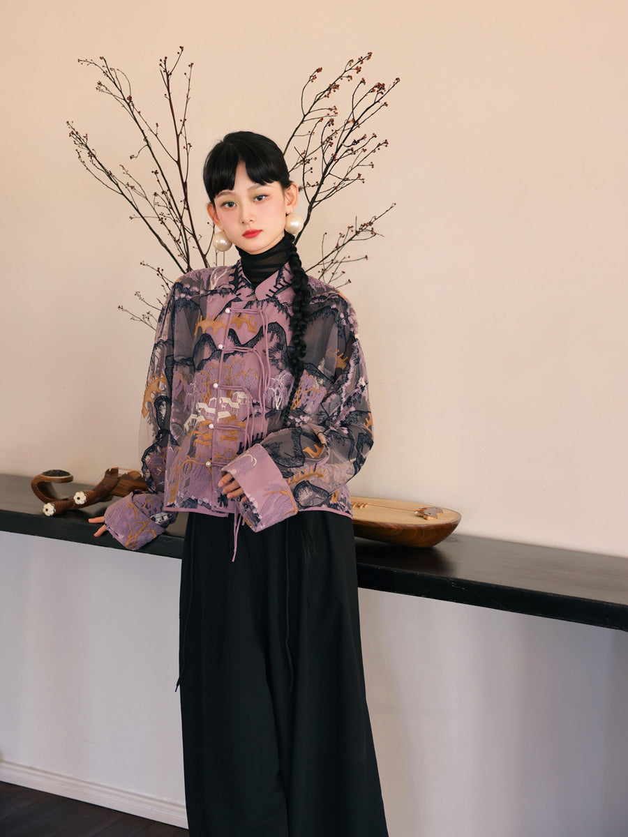 자수 중국 레트로 시프 스루 탑