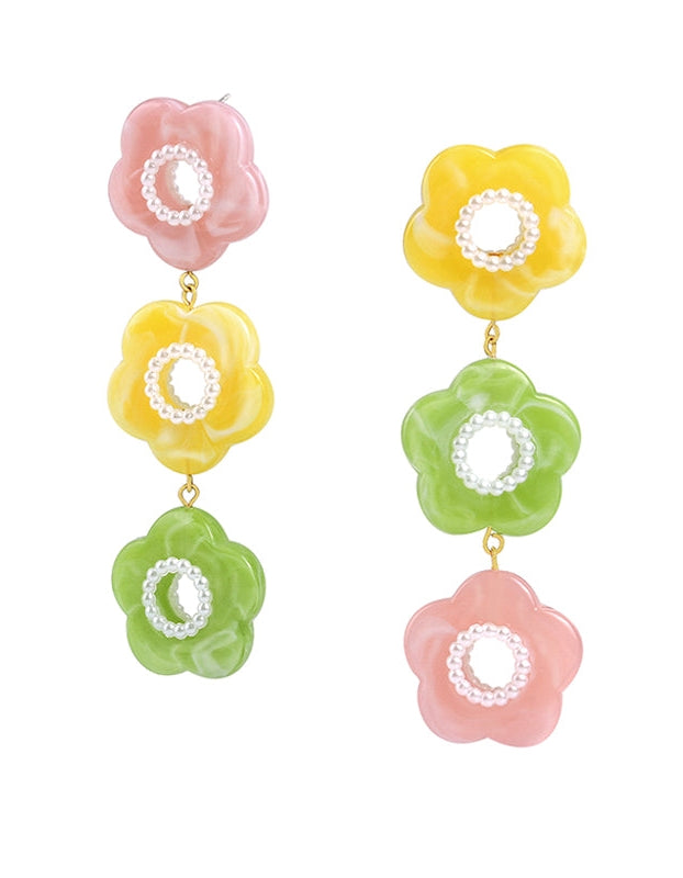 3 색 피는 꽃 긴 귀걸이