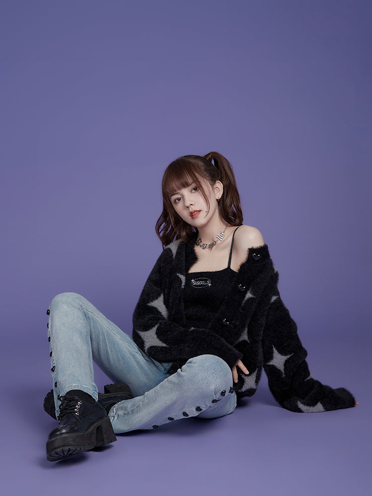 Star Fluffy Knit Camisole&Cardigan Set-up
