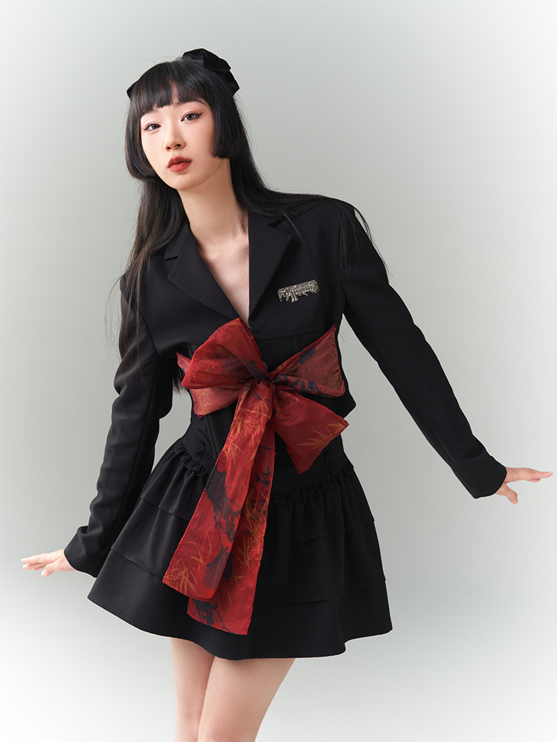 Back-Ribbon 2way Nichi Frill Stufeed Jacket & Rock