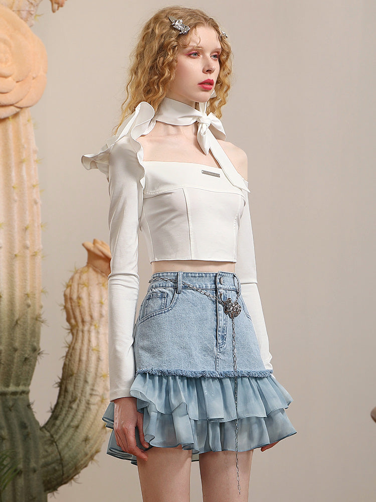 Tops & Rock Off-Shoulder-Frill Denim Lace Mix Nichi Setup