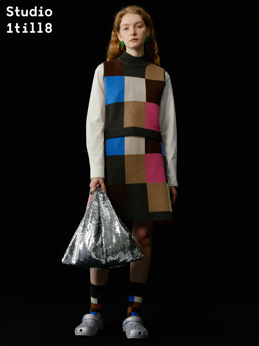 Multi-Color Colorful Block-Checked Knit Vest & Skit