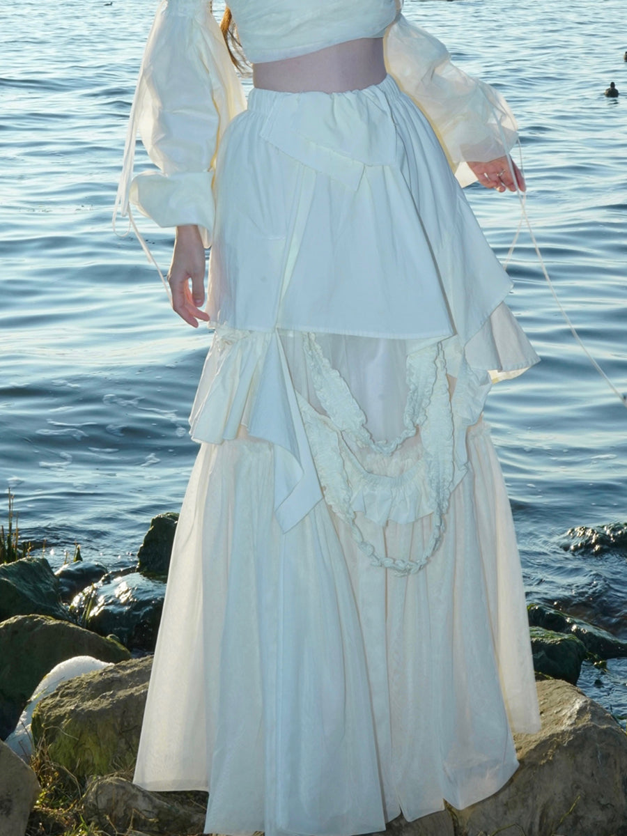 비대칭 계층 레이스 니치 긴 스커트