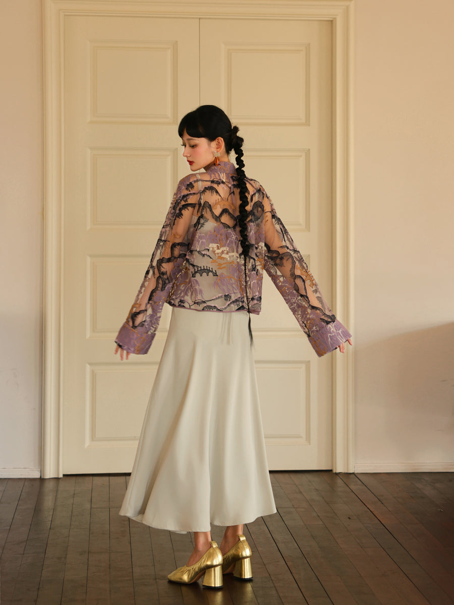 자수 중국 레트로 시프 스루 탑