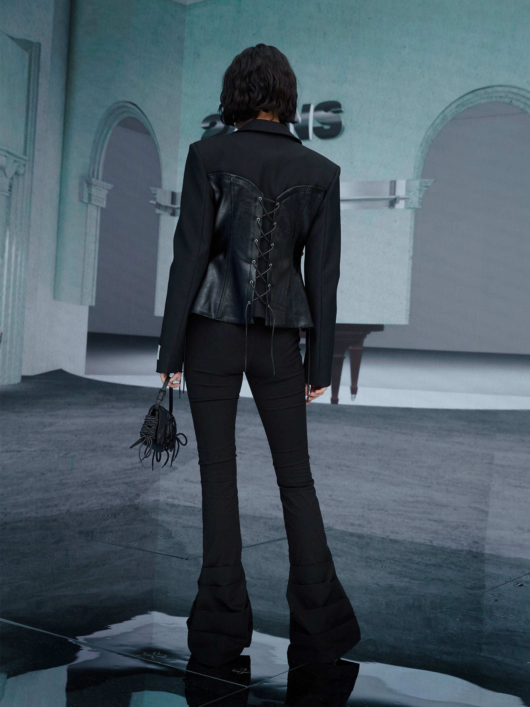 Leather Handsome Cool Lace-up Tops&Skirt