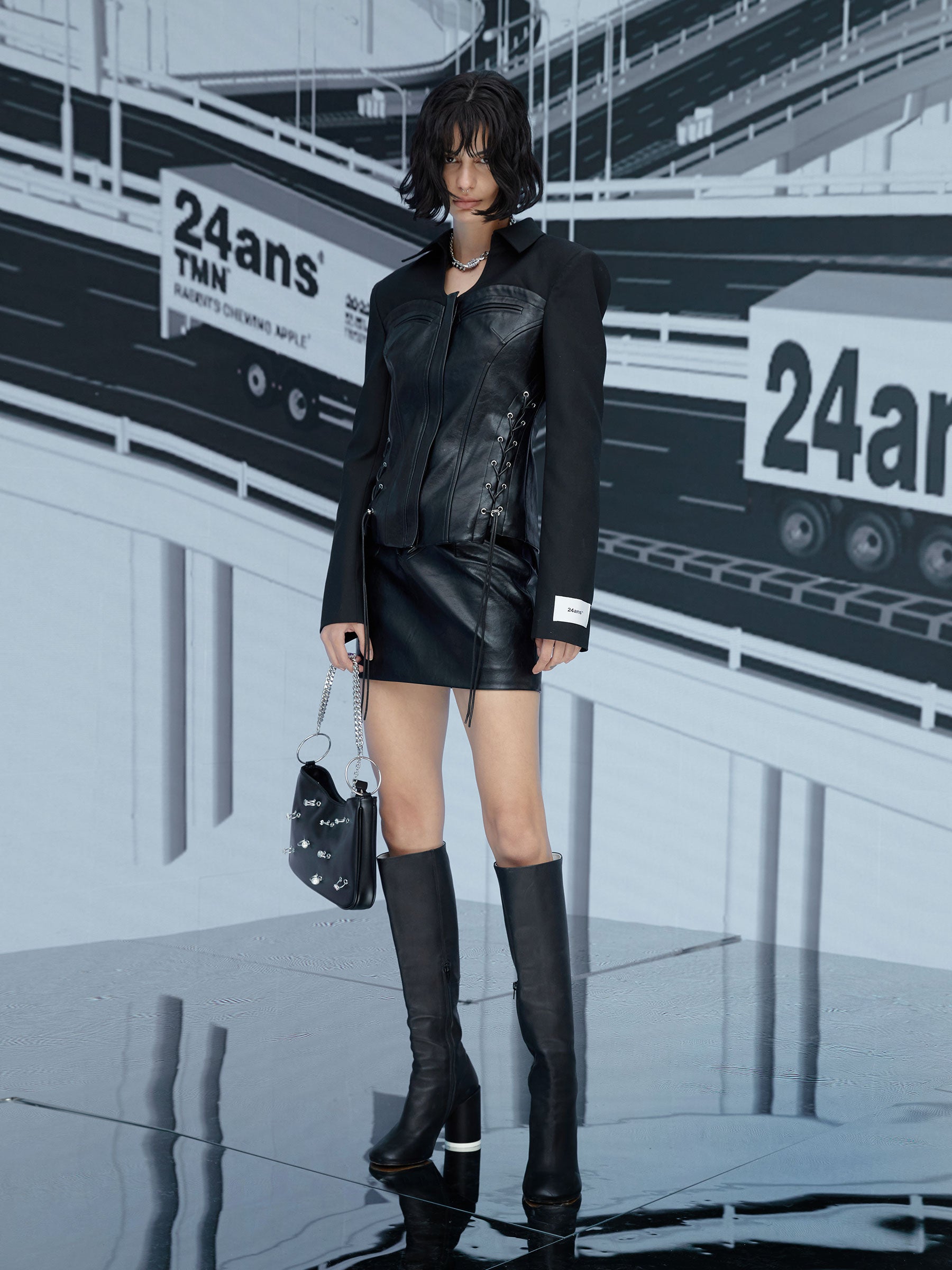 Leather Handsome Cool Lace-up Tops&Skirt