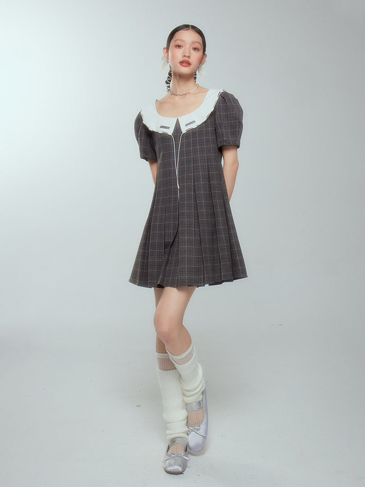 Girly Checked College PLEATS FLARE ONE-PIECE