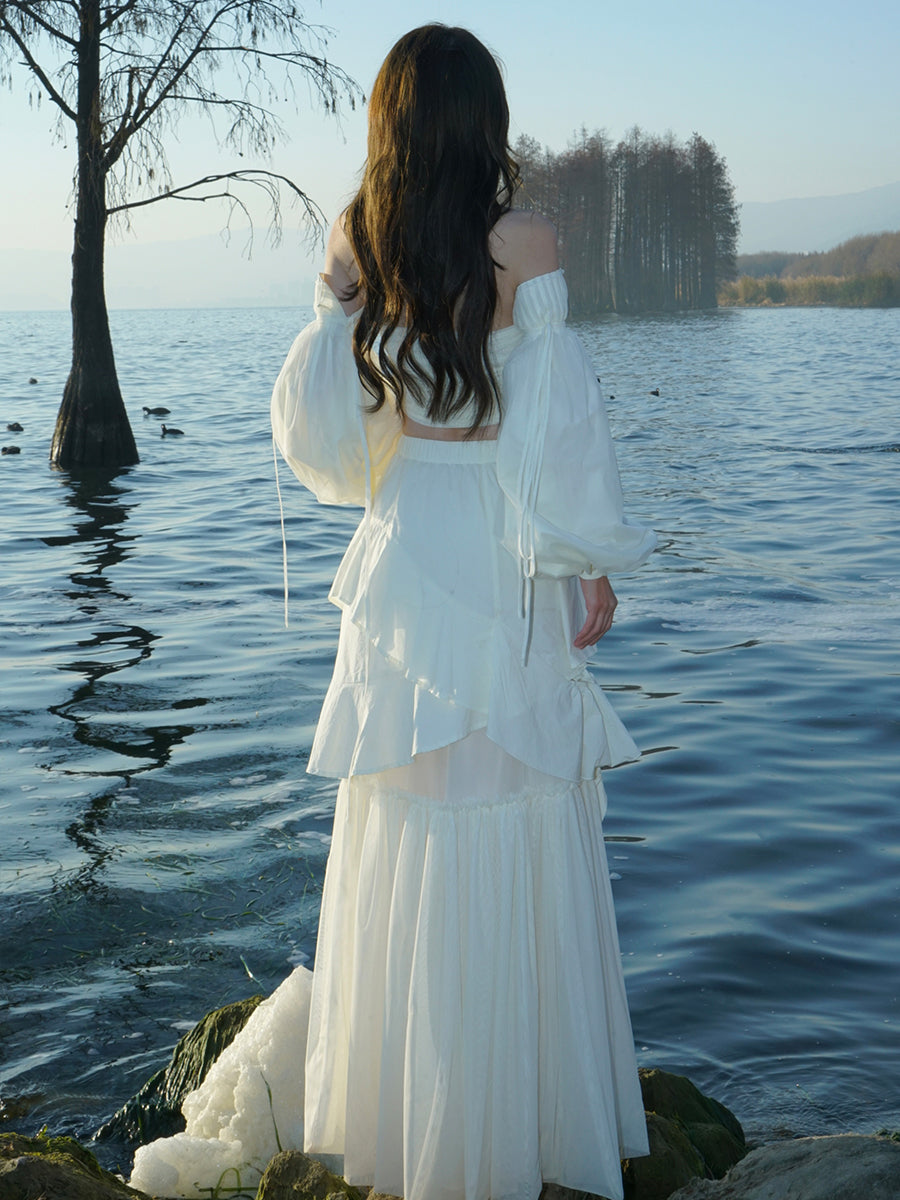 비대칭 계층 레이스 니치 긴 스커트