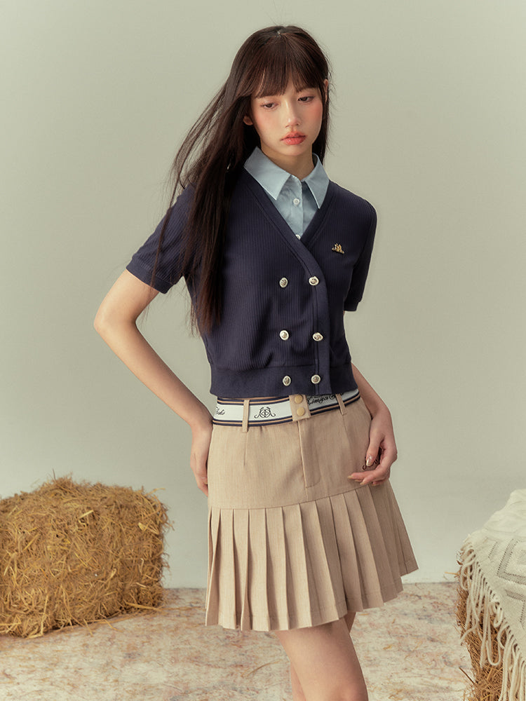 V-NECK COLLEGE SHORL KNIT HALF-SLEEVE CARDIGAN