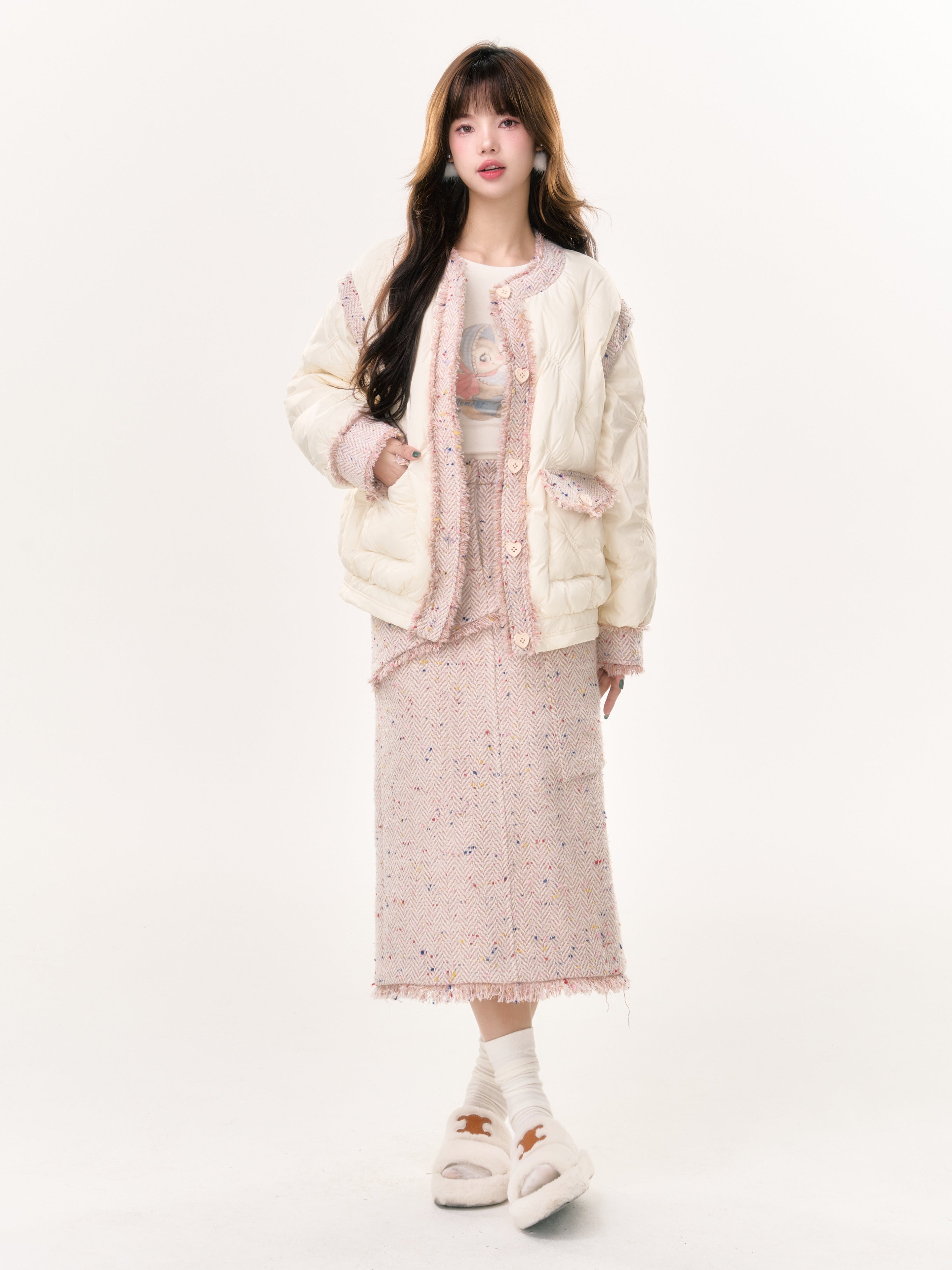 Tweed Tassel Floral Long Skirt