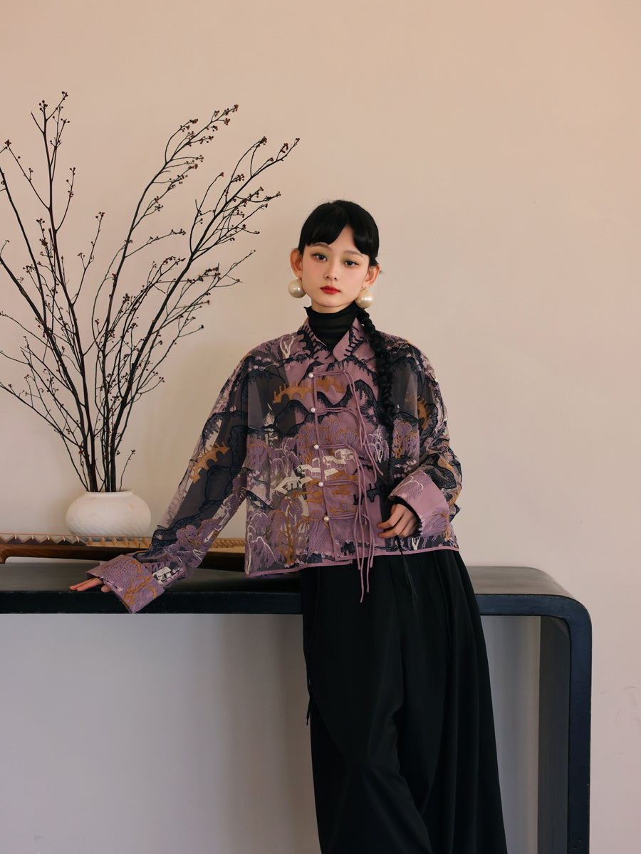 자수 중국 레트로 시프 스루 탑